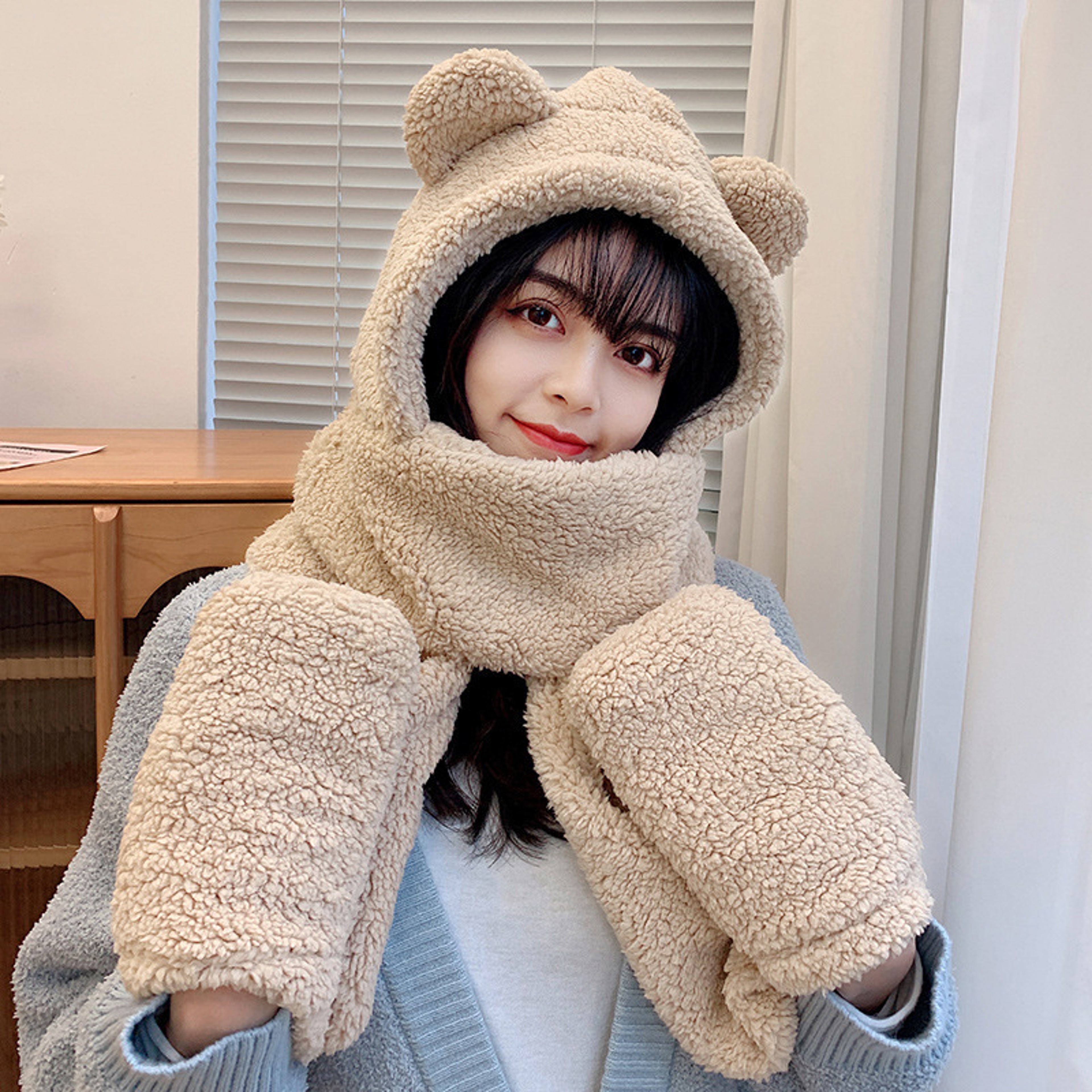 Teddy Bear Winter Hat Scarf Gloves Set Plush Hooded Neck Warmer For Women 5