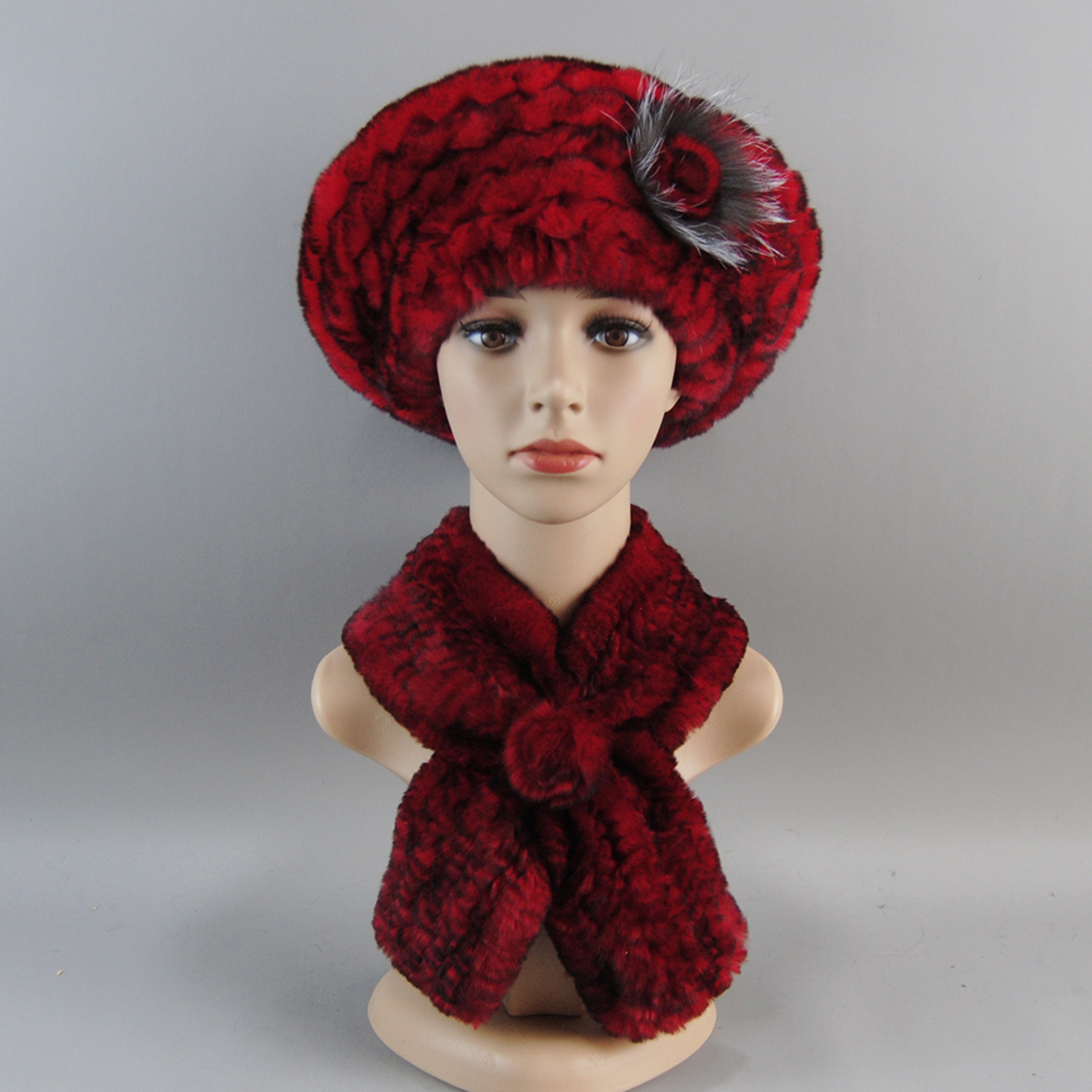 Luxury Rex Rabbit Fur Hat Scarf Set For Women Warm Winter Knit Accessories 18