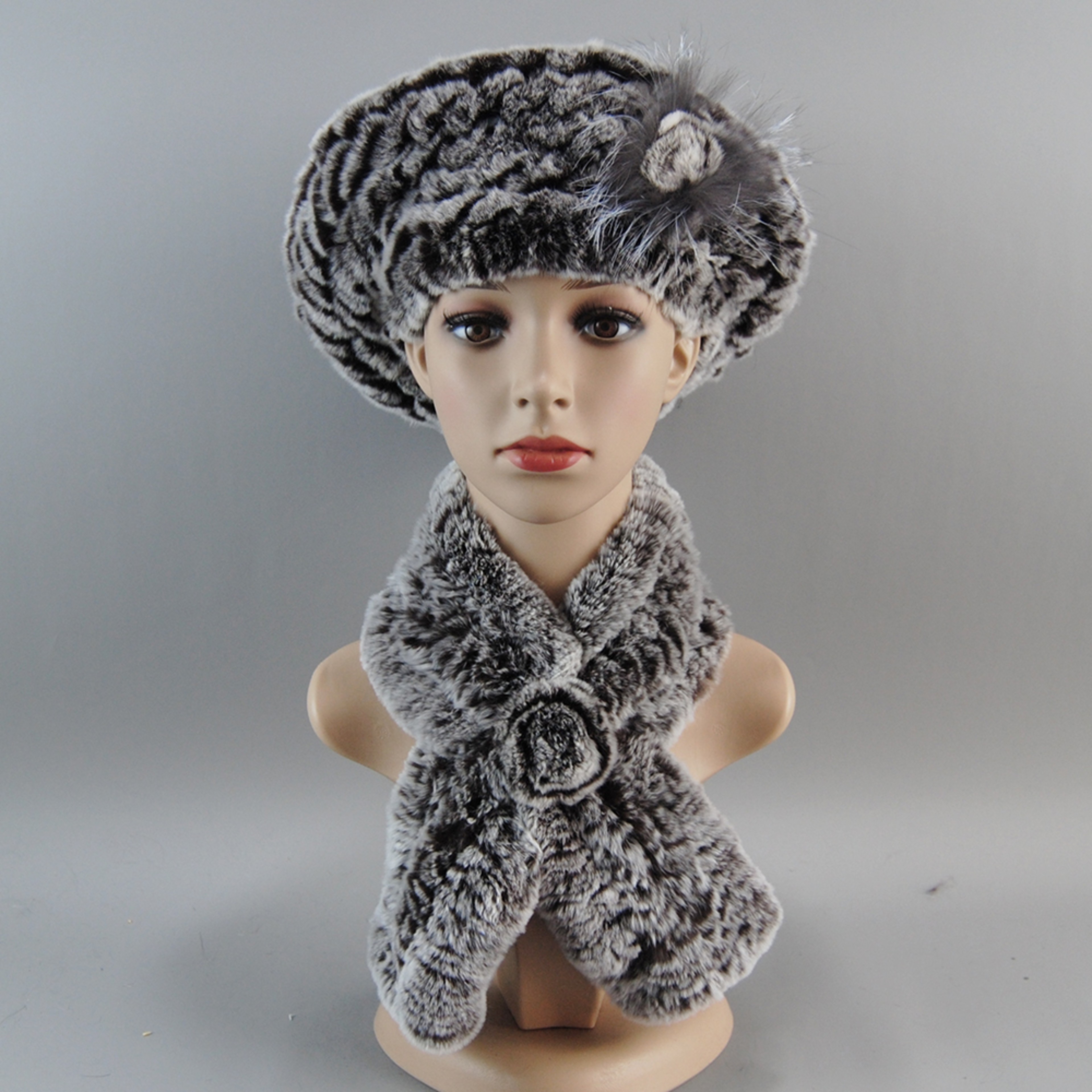 Luxury Rex Rabbit Fur Hat Scarf Set For Women Warm Winter Knit Accessories 19