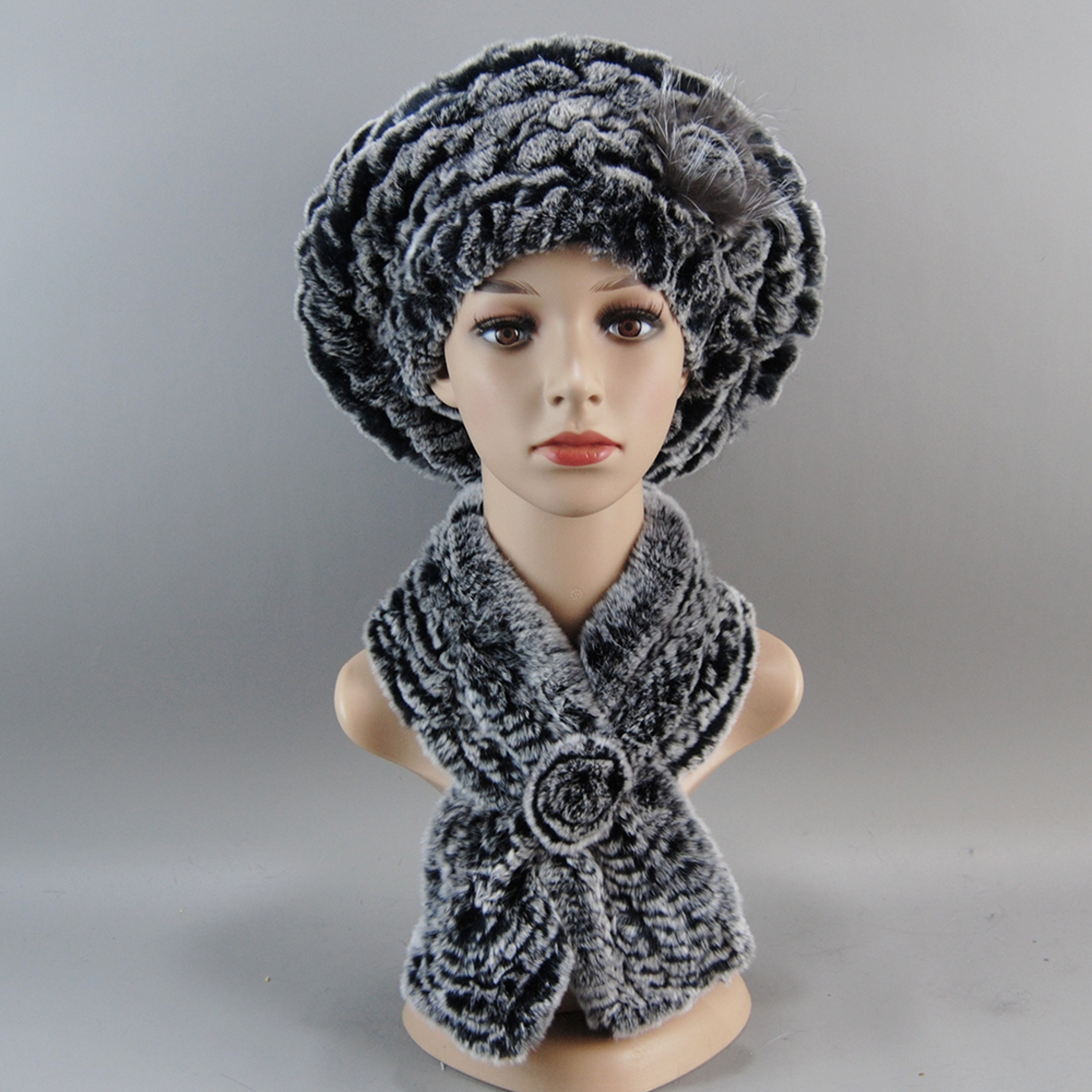 Luxury Rex Rabbit Fur Hat Scarf Set For Women Warm Winter Knit Accessories 22