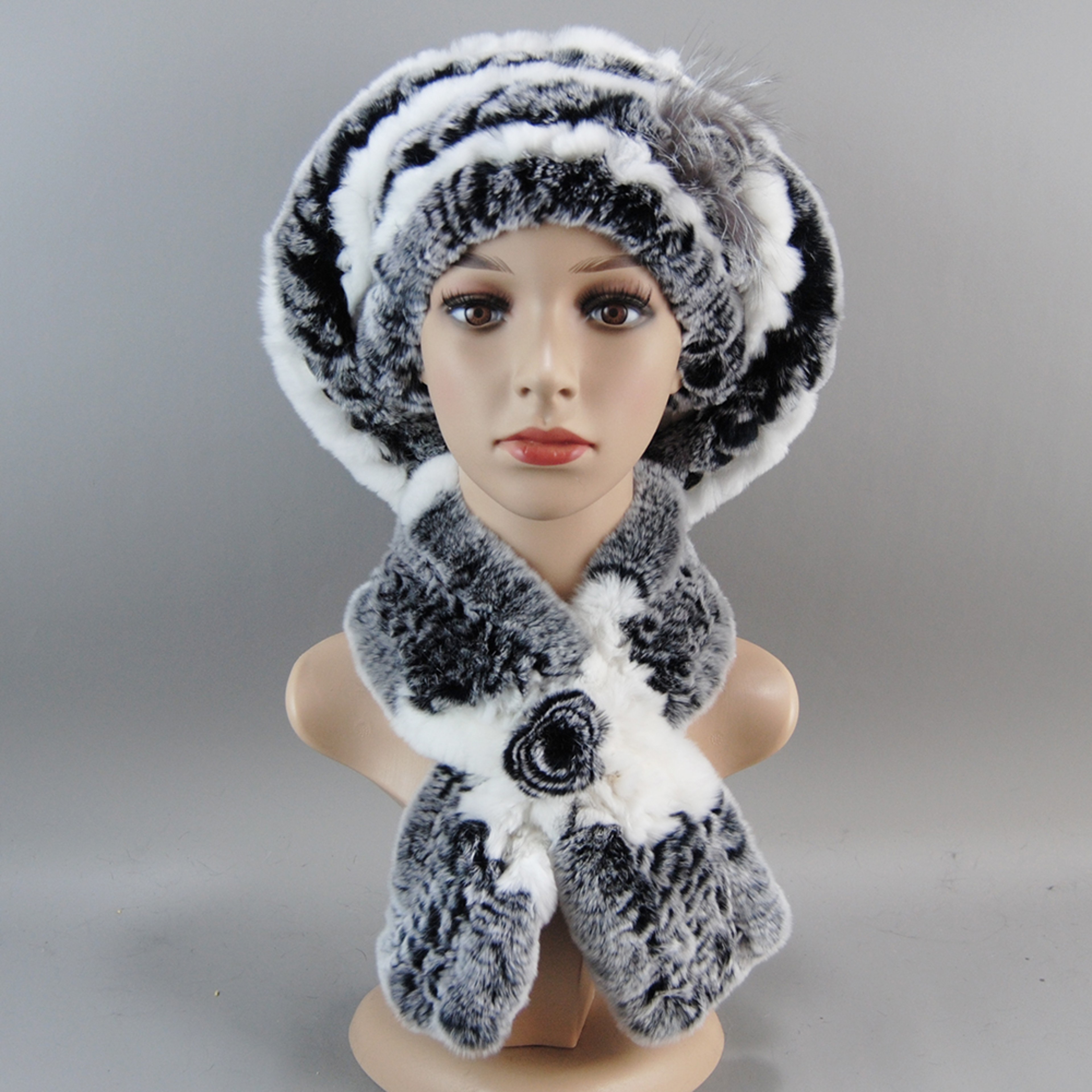 Luxury Rex Rabbit Fur Hat Scarf Set For Women Warm Winter Knit Accessories 23