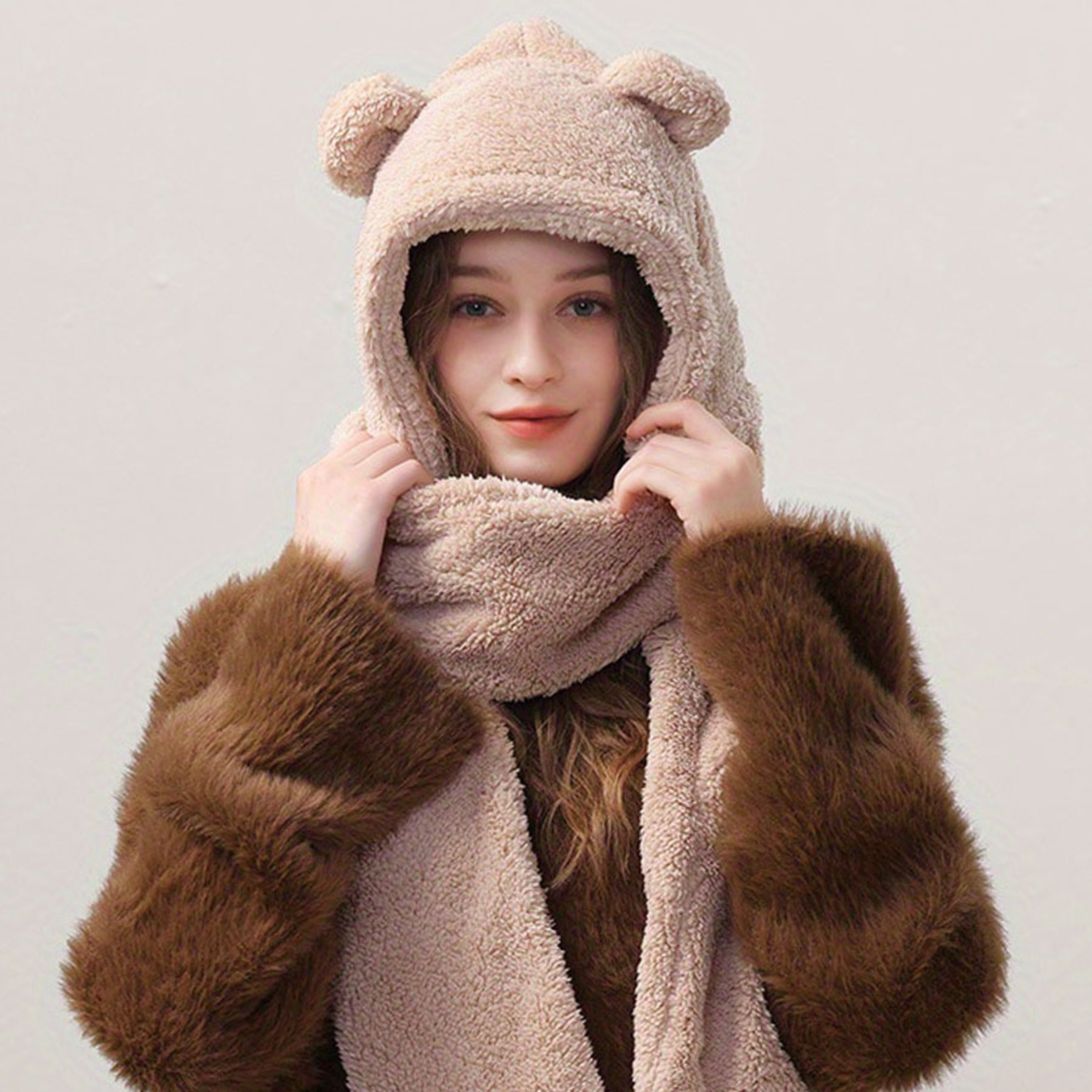 Cute Bear Ear Winter Hat Scarf Gloves Set Warm 3 In 1 Kawaii Hooded Scarf 1