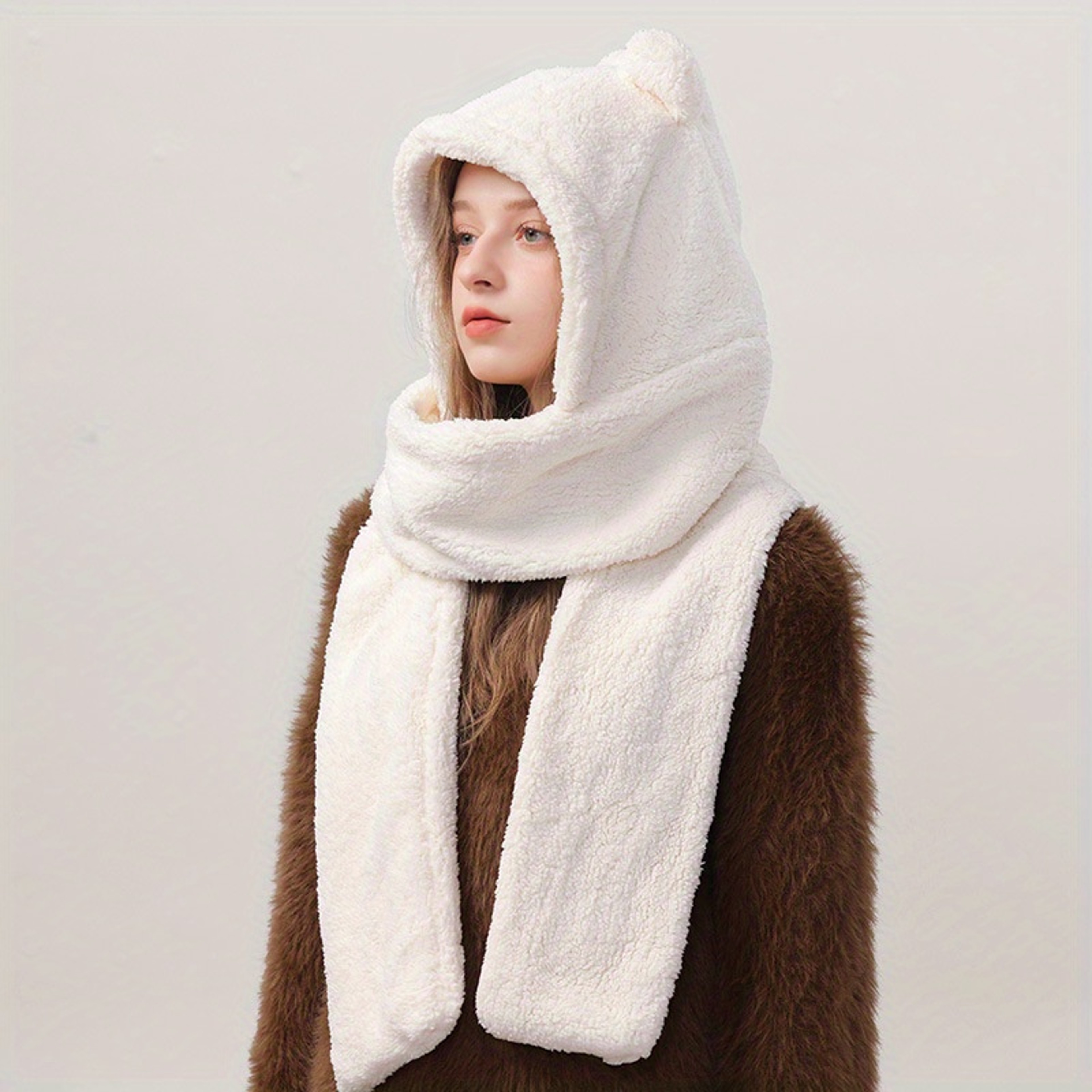 Cute Bear Ear Winter Hat Scarf Gloves Set Warm 3 In 1 Kawaii Hooded Scarf 0