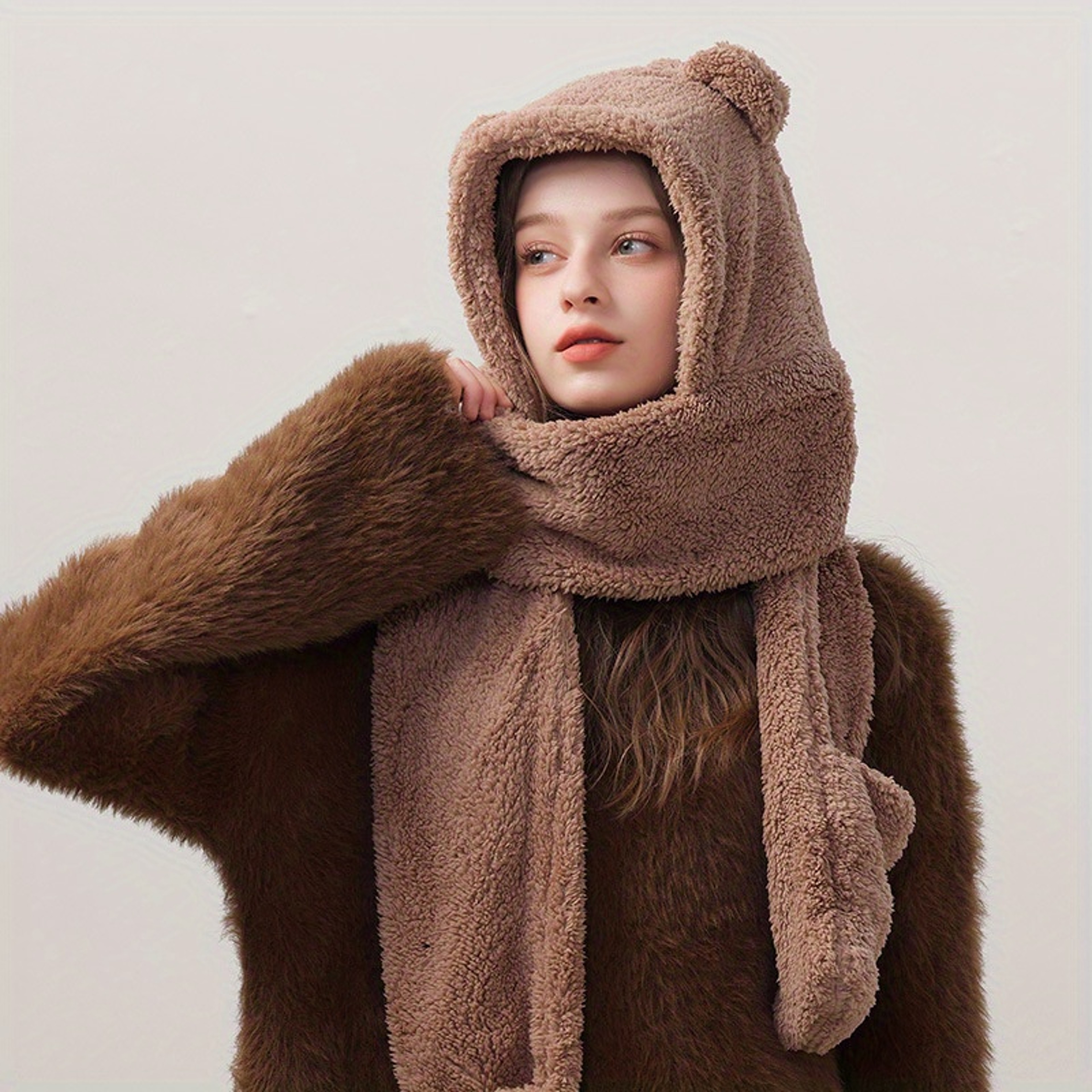 Cute Bear Ear Winter Hat Scarf Gloves Set Warm 3 In 1 Kawaii Hooded Scarf 2