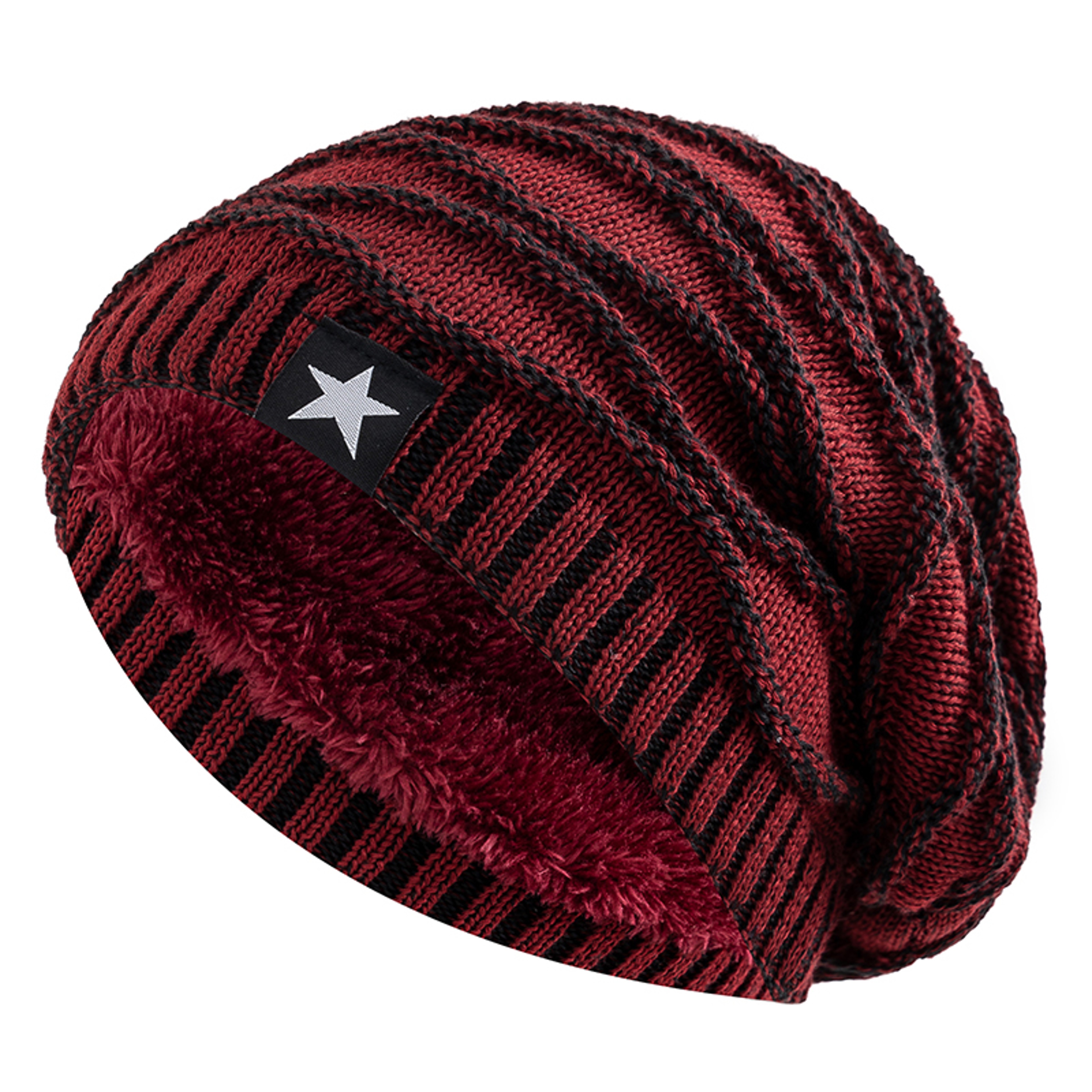 Fur Lined Slouchy Beanie Warm Unisex Winter Knit Hat with Star Detail – view 7