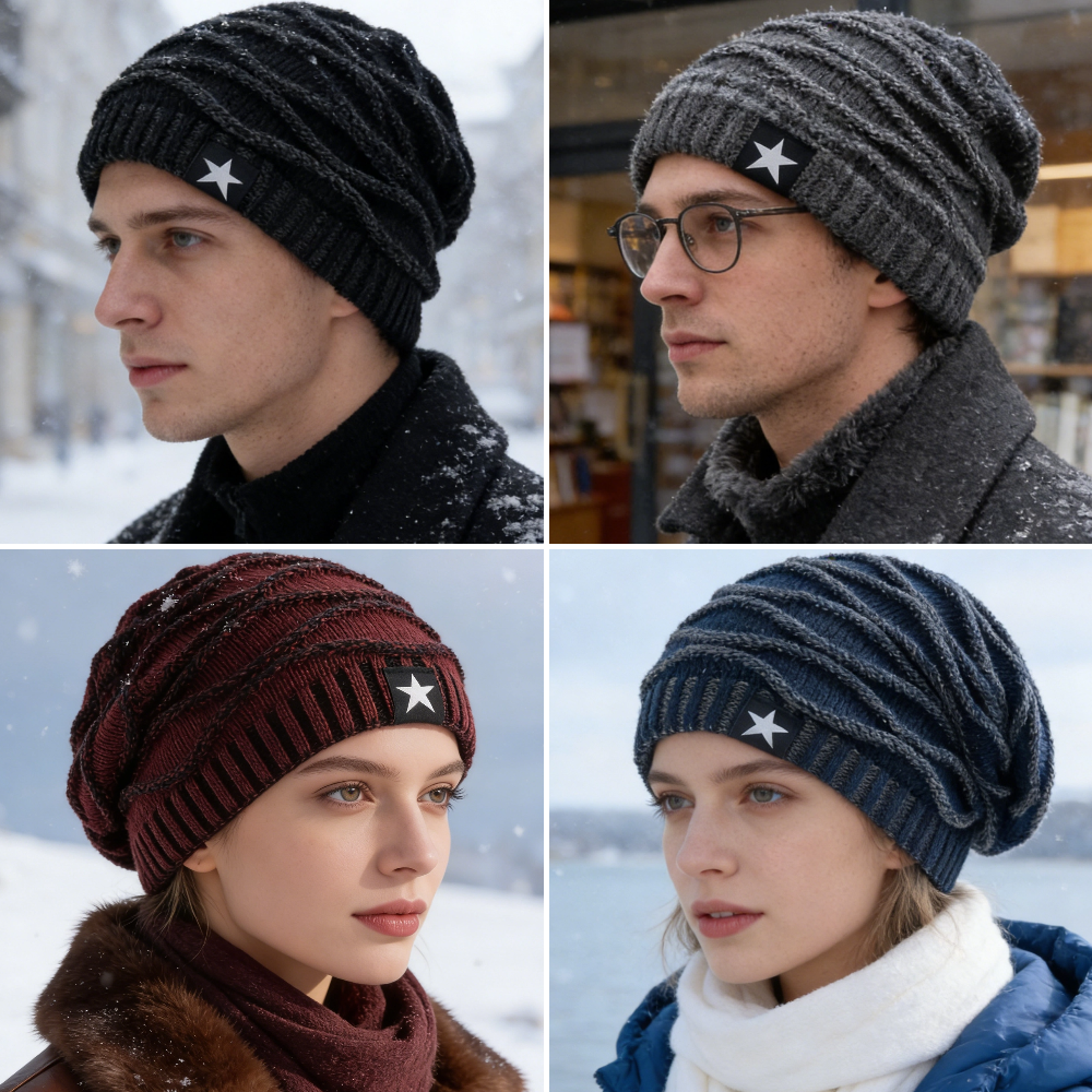 Fur Lined Slouchy Beanie Warm Unisex Winter Knit Hat with Star Detail – view 6