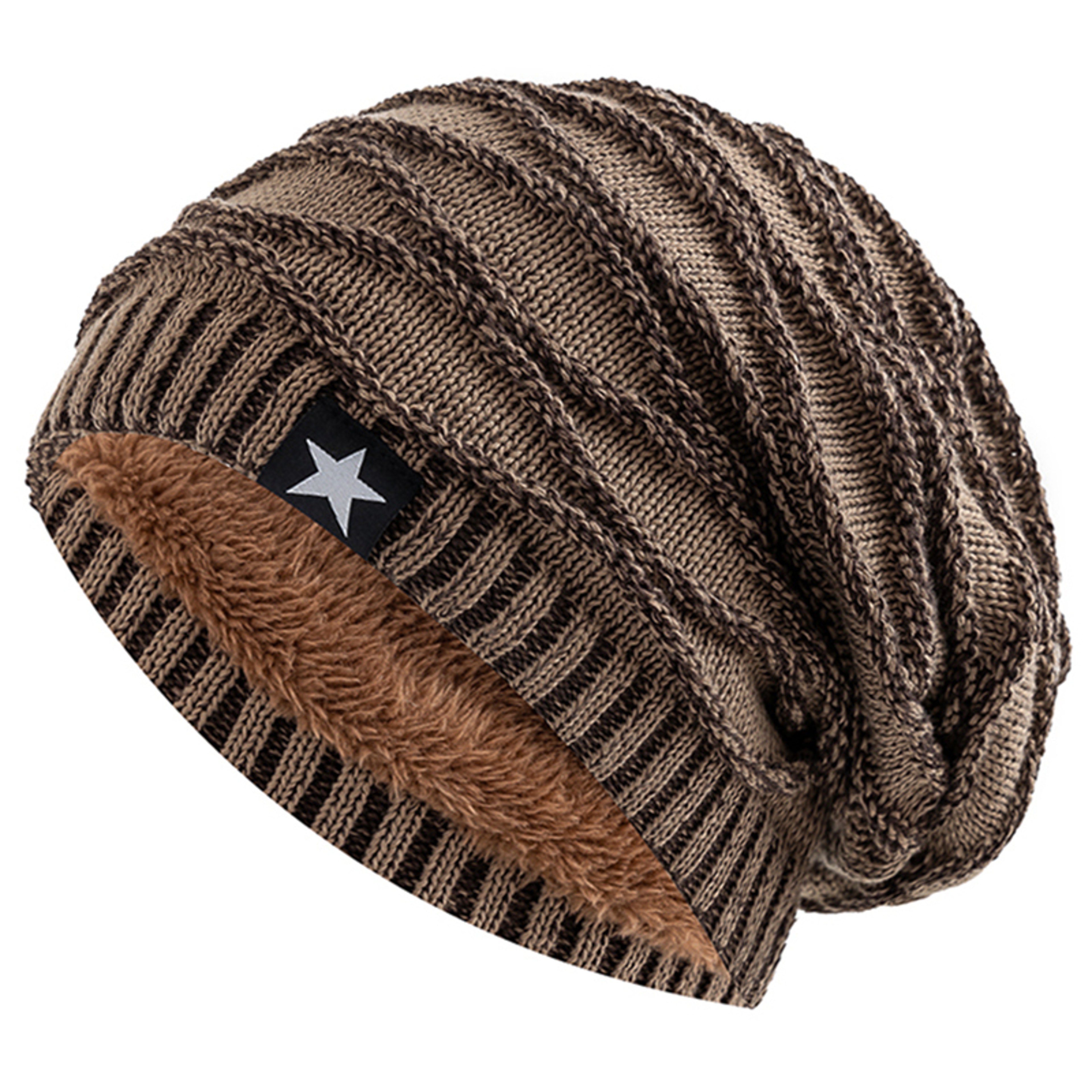 Fur Lined Slouchy Beanie Warm Unisex Winter Knit Hat with Star Detail – view 9