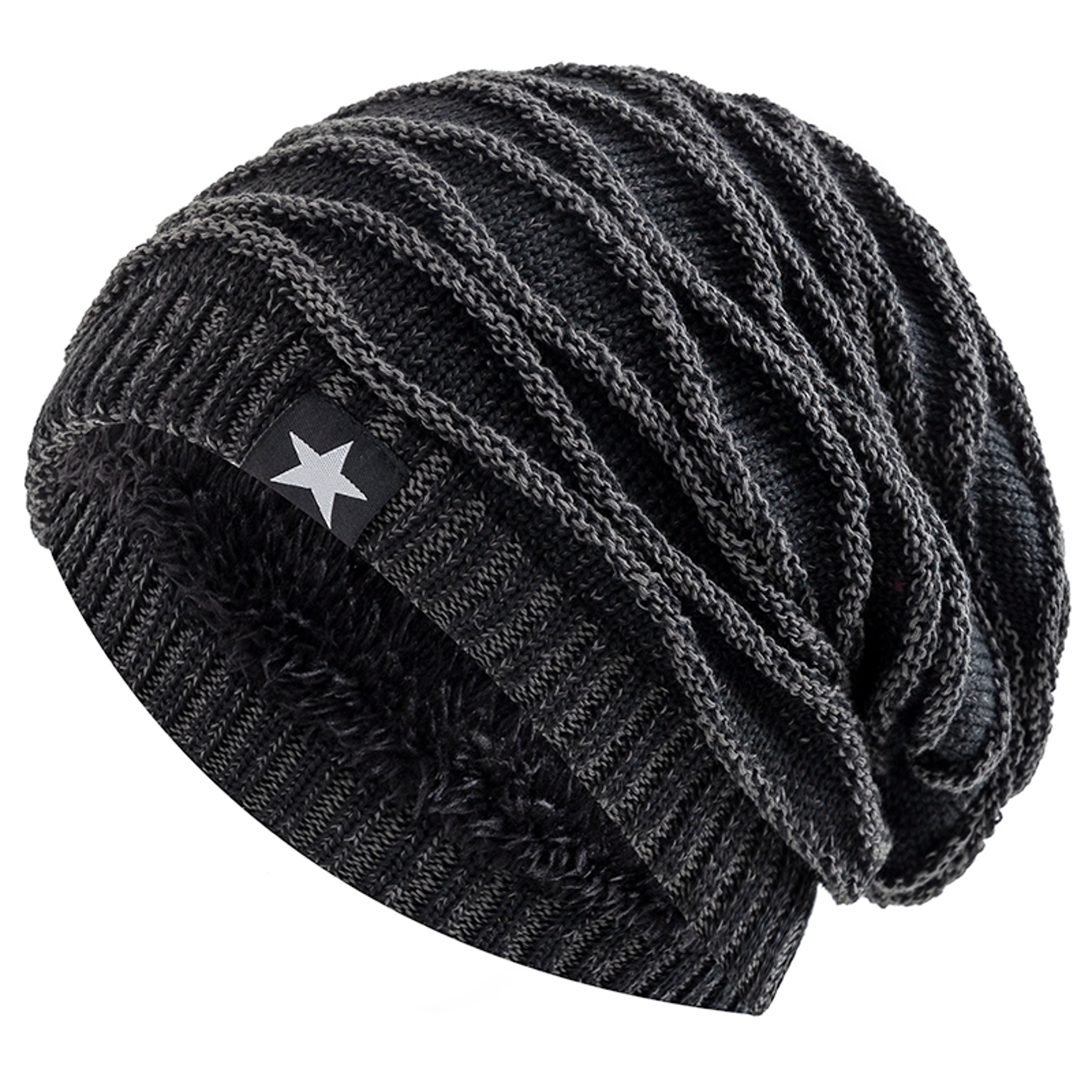 Fur Lined Slouchy Beanie Warm Unisex Winter Knit Hat with Star Detail – view 10