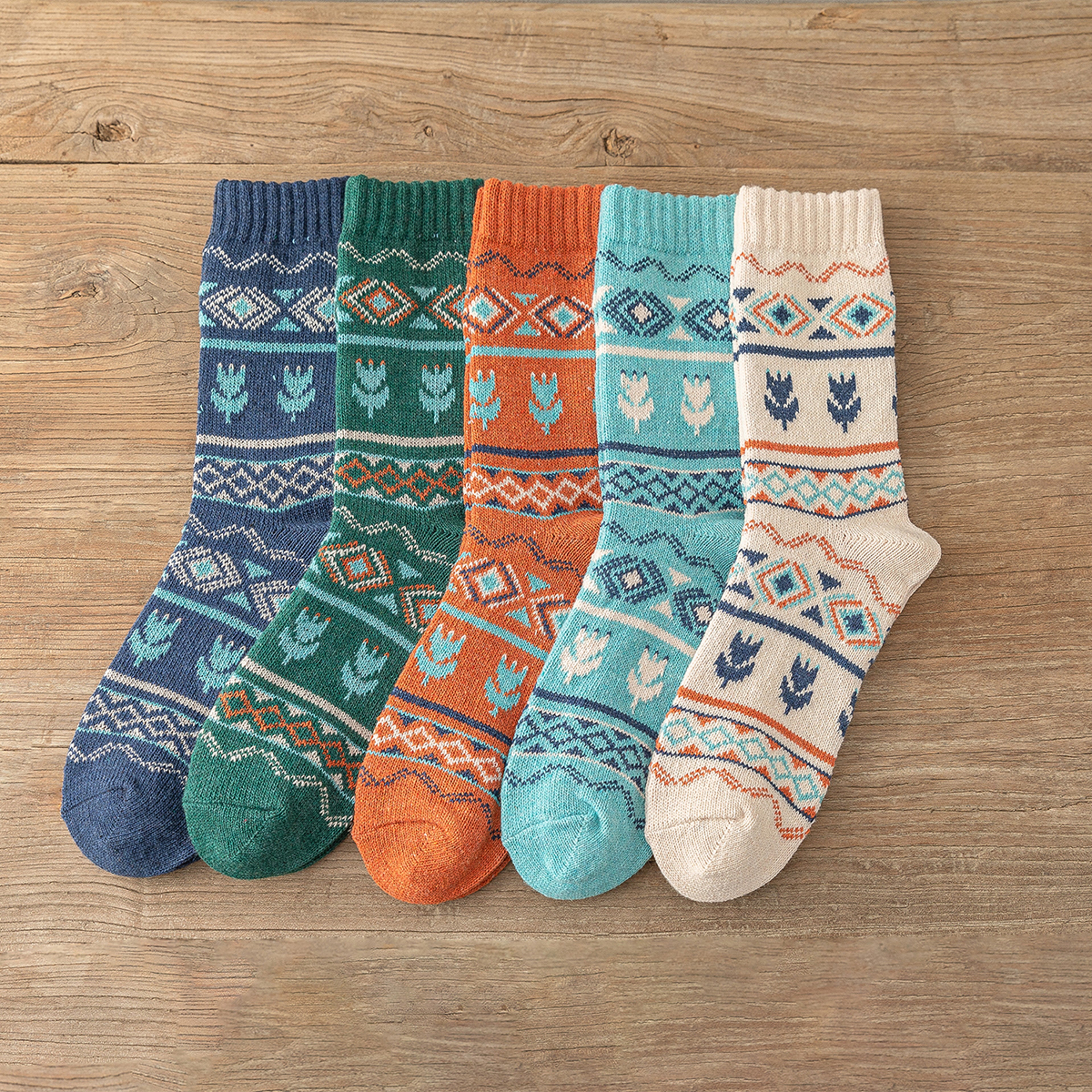 5 Pair Retro Floral Winter Socks Thick Warm Unisex Socks 7