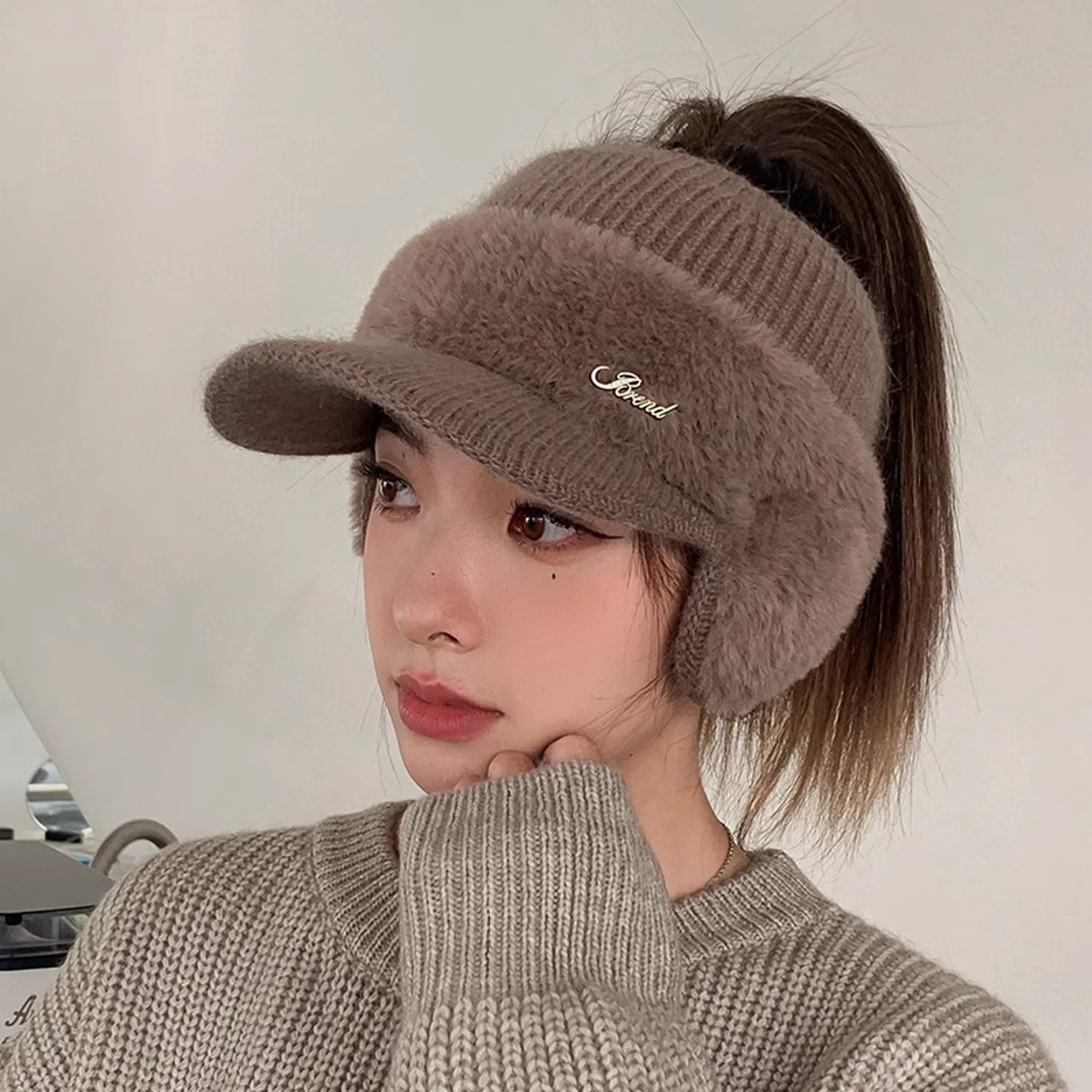 Womens Winter Hat Warm Ponytail Beanie Ear Flap Knit Visor Cap 4