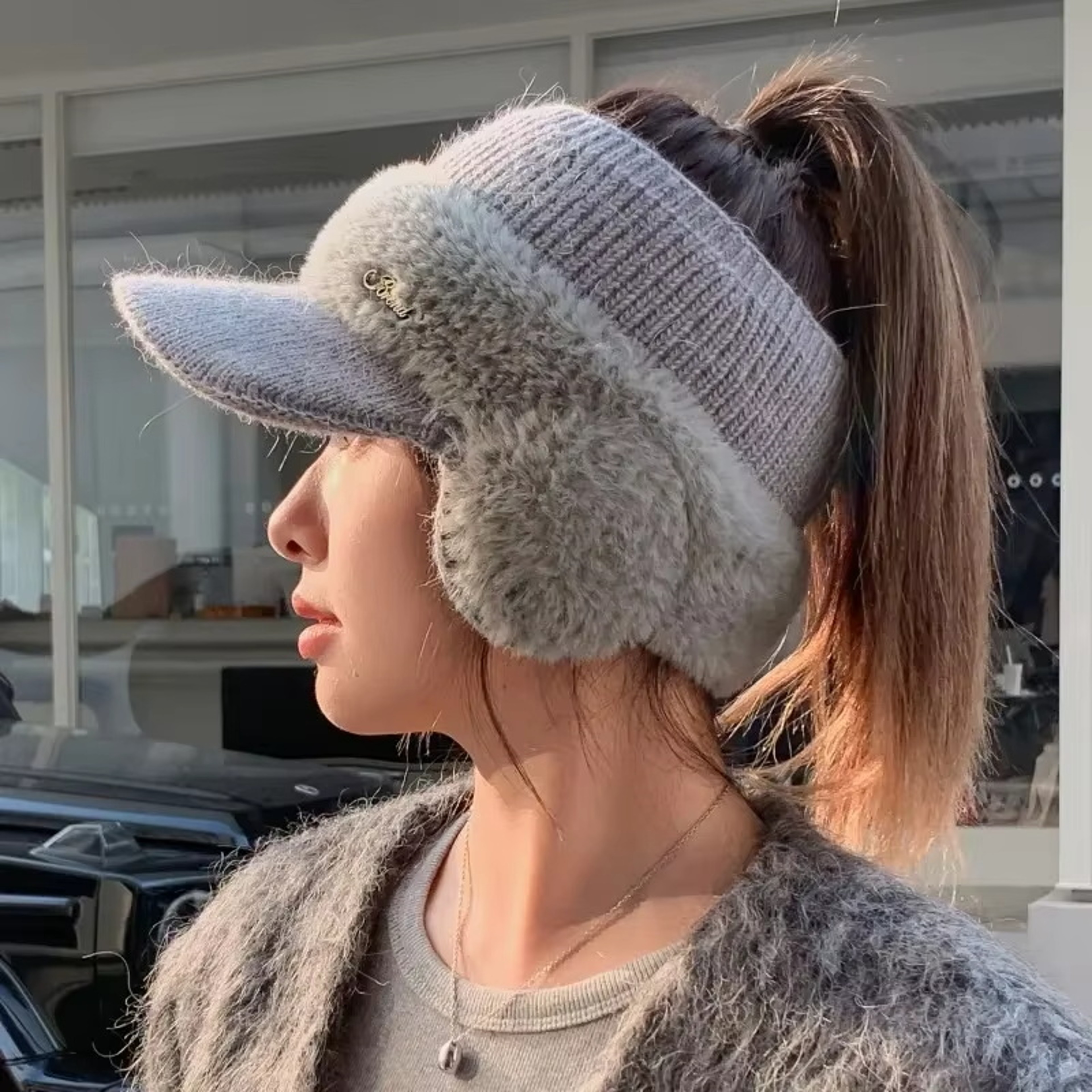 Womens Winter Hat Warm Ponytail Beanie Ear Flap Knit Visor Cap 5