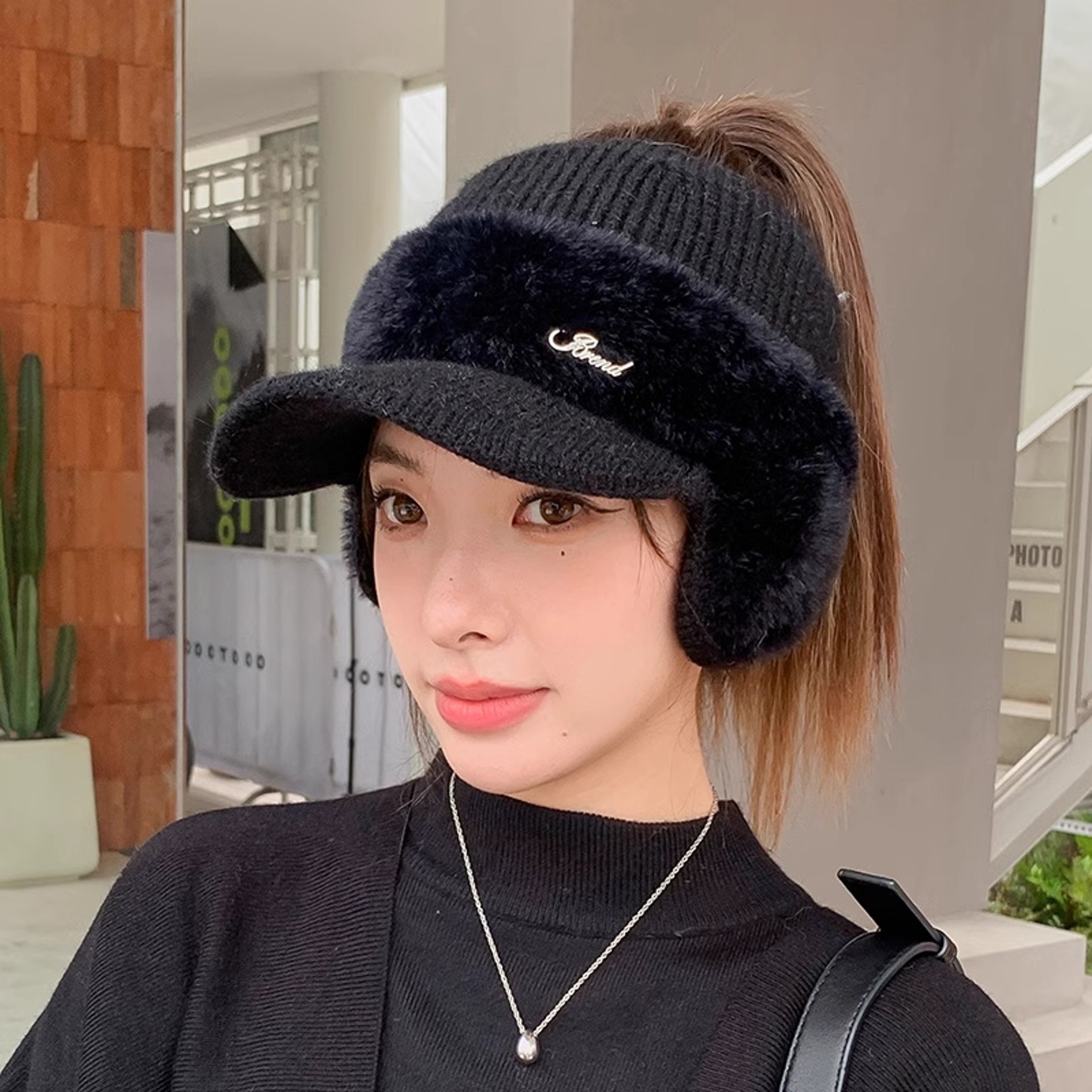 Womens Winter Hat Warm Ponytail Beanie Ear Flap Knit Visor Cap 12