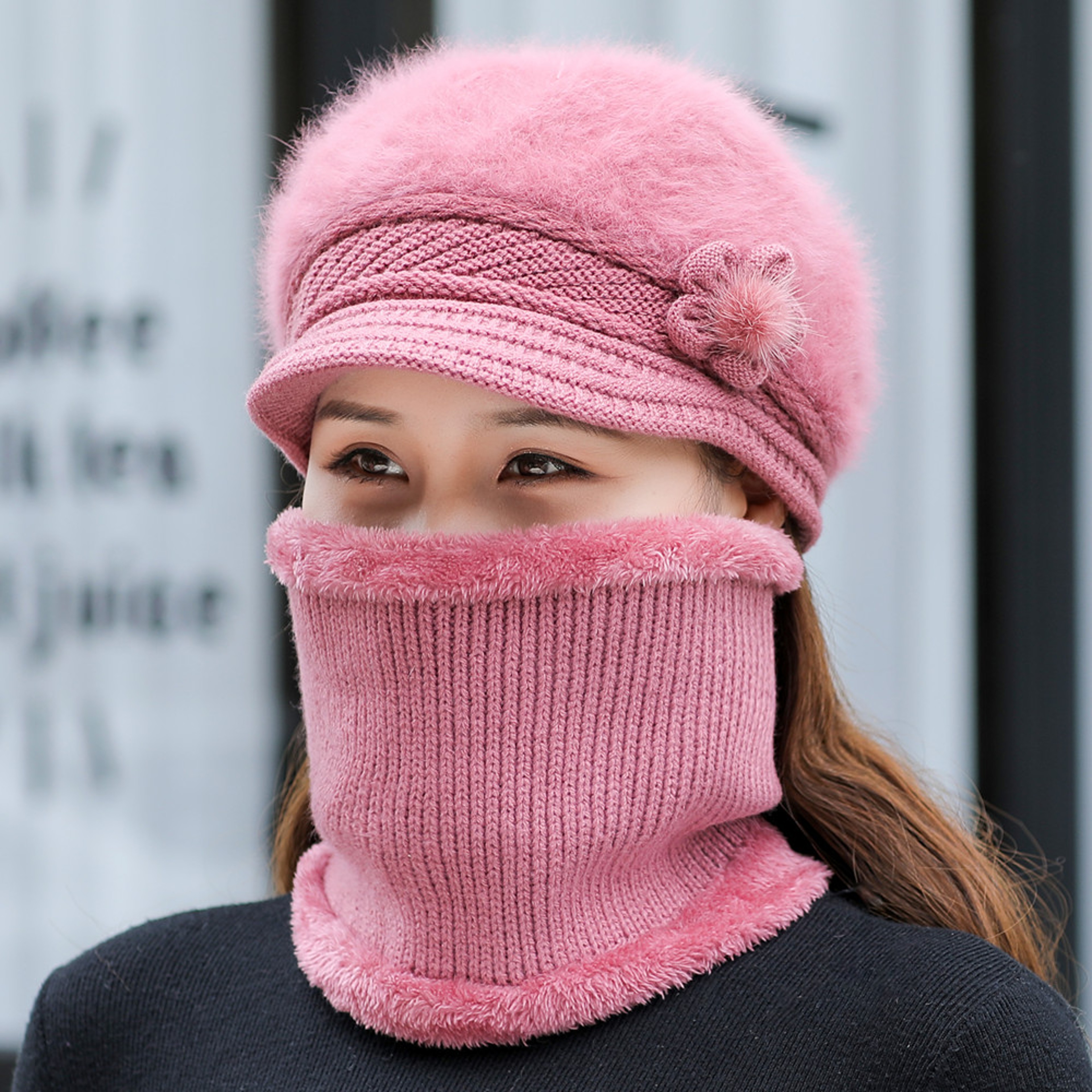 Women Winter Hat And Scarf Set Fur Lined Knitted Flower Cap 3