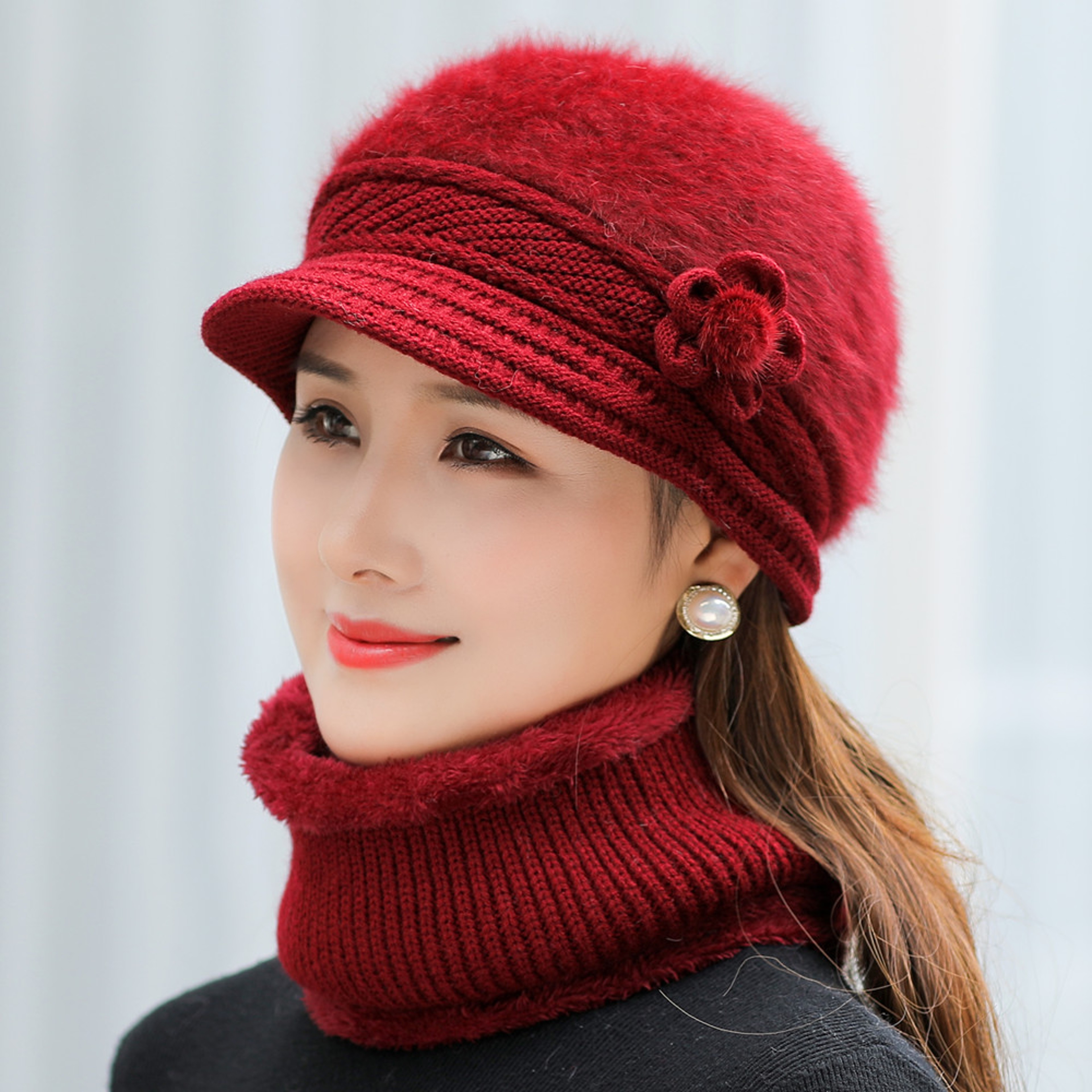 Women Winter Hat And Scarf Set Fur Lined Knitted Flower Cap 8