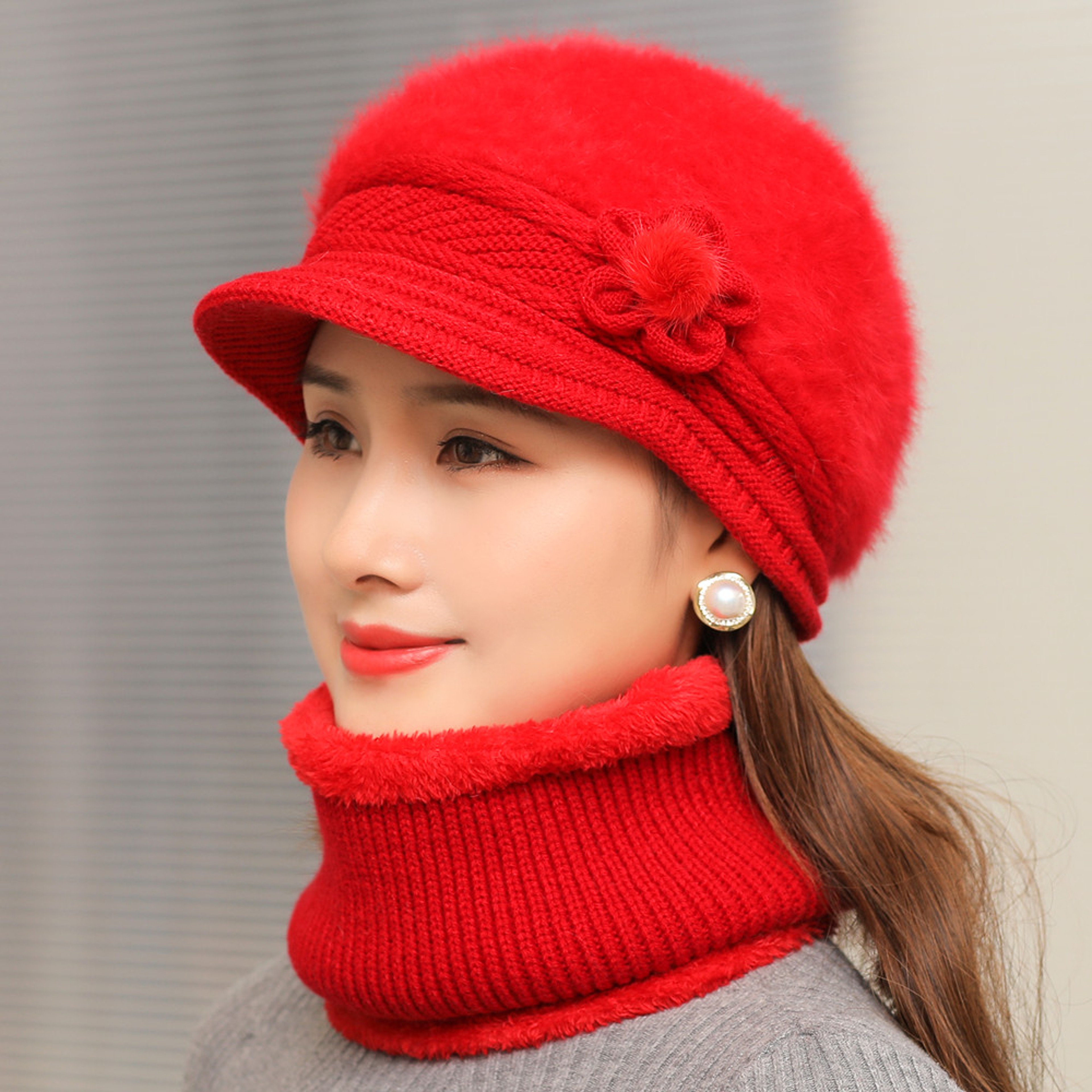 Women Winter Hat And Scarf Set Fur Lined Knitted Flower Cap 11