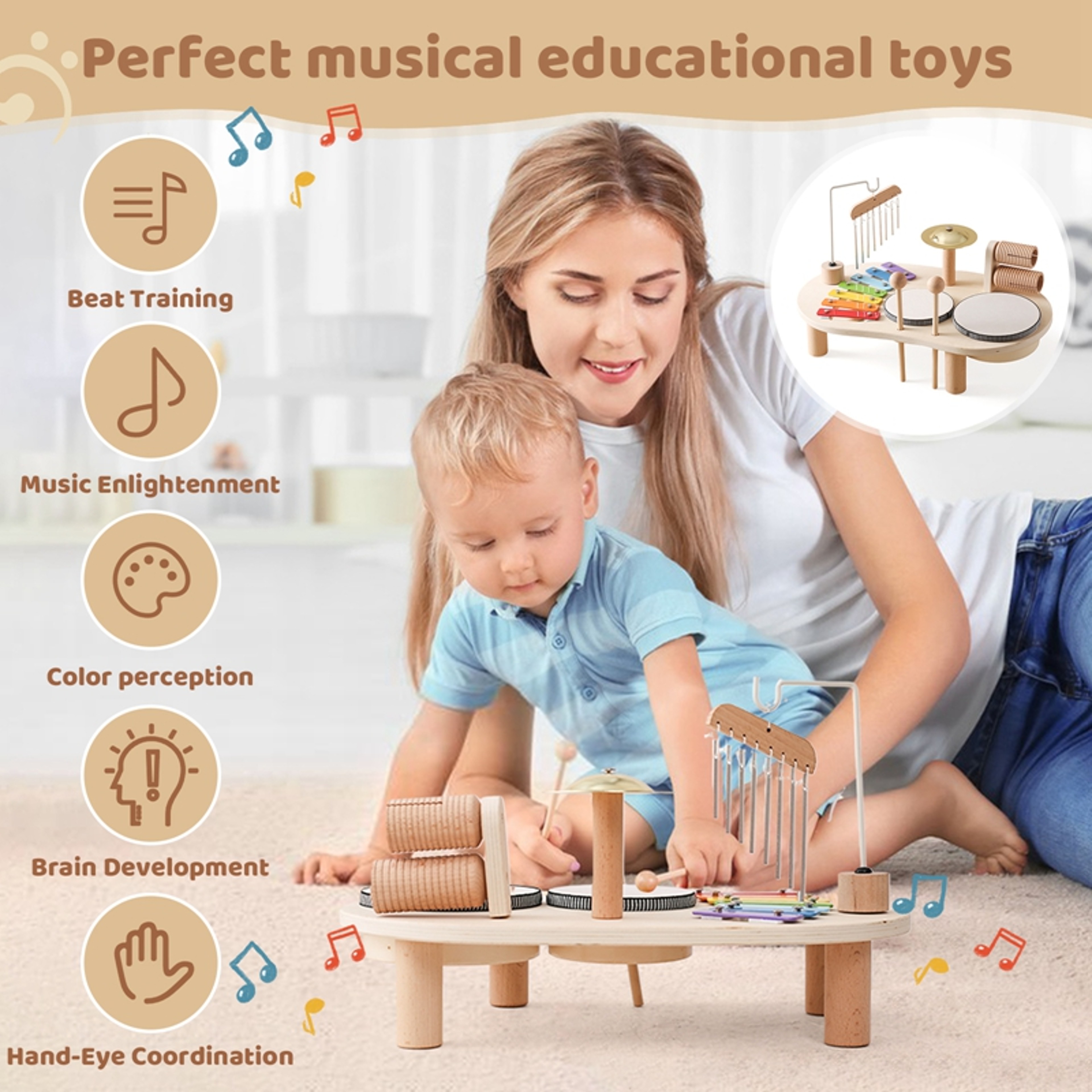 Wooden Montessori Musical Toy Xylophone And Aeolian Bells For Kids 2