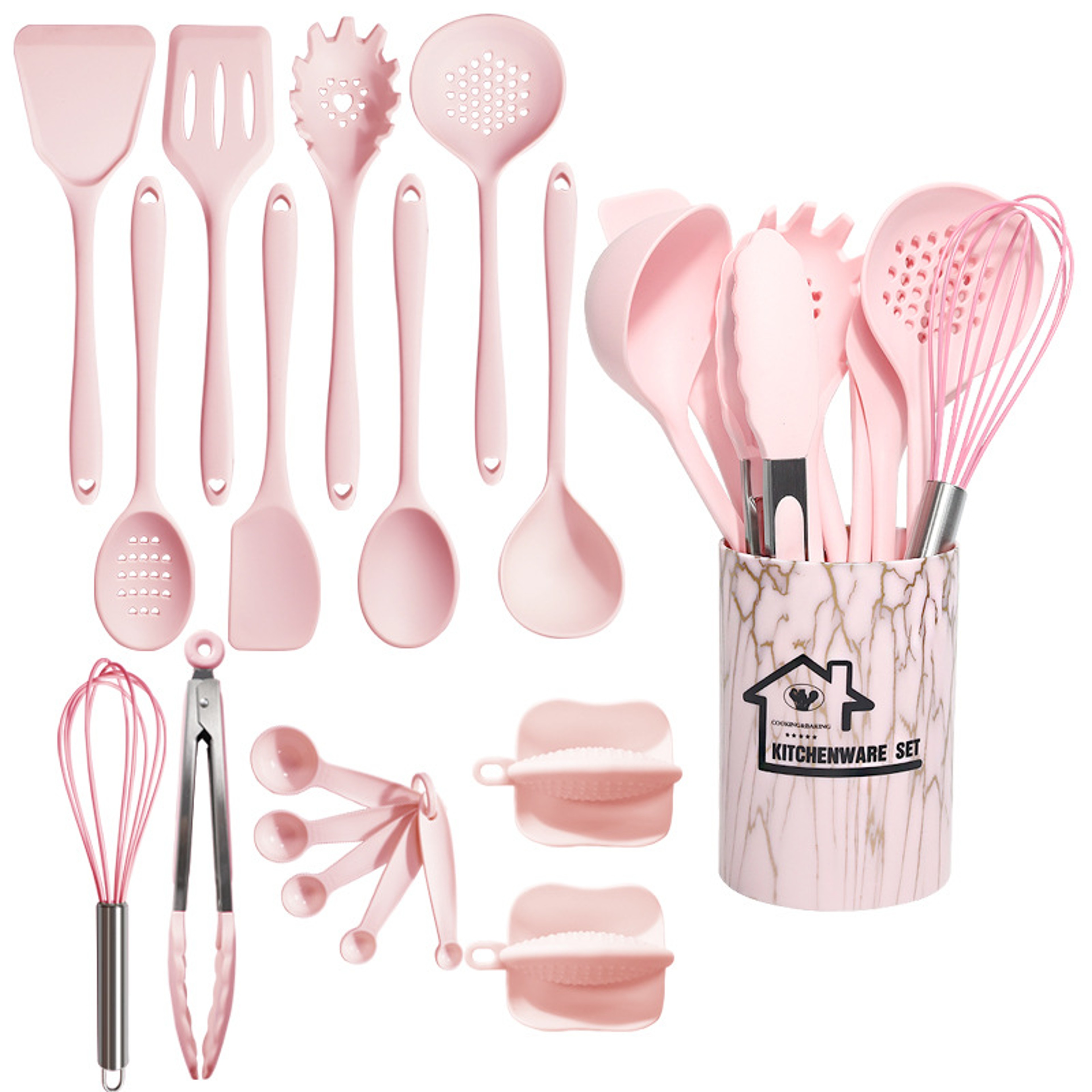 18 Piece Pink Silicone Kitchen Utensils Set for Cooking and Baking – view 1