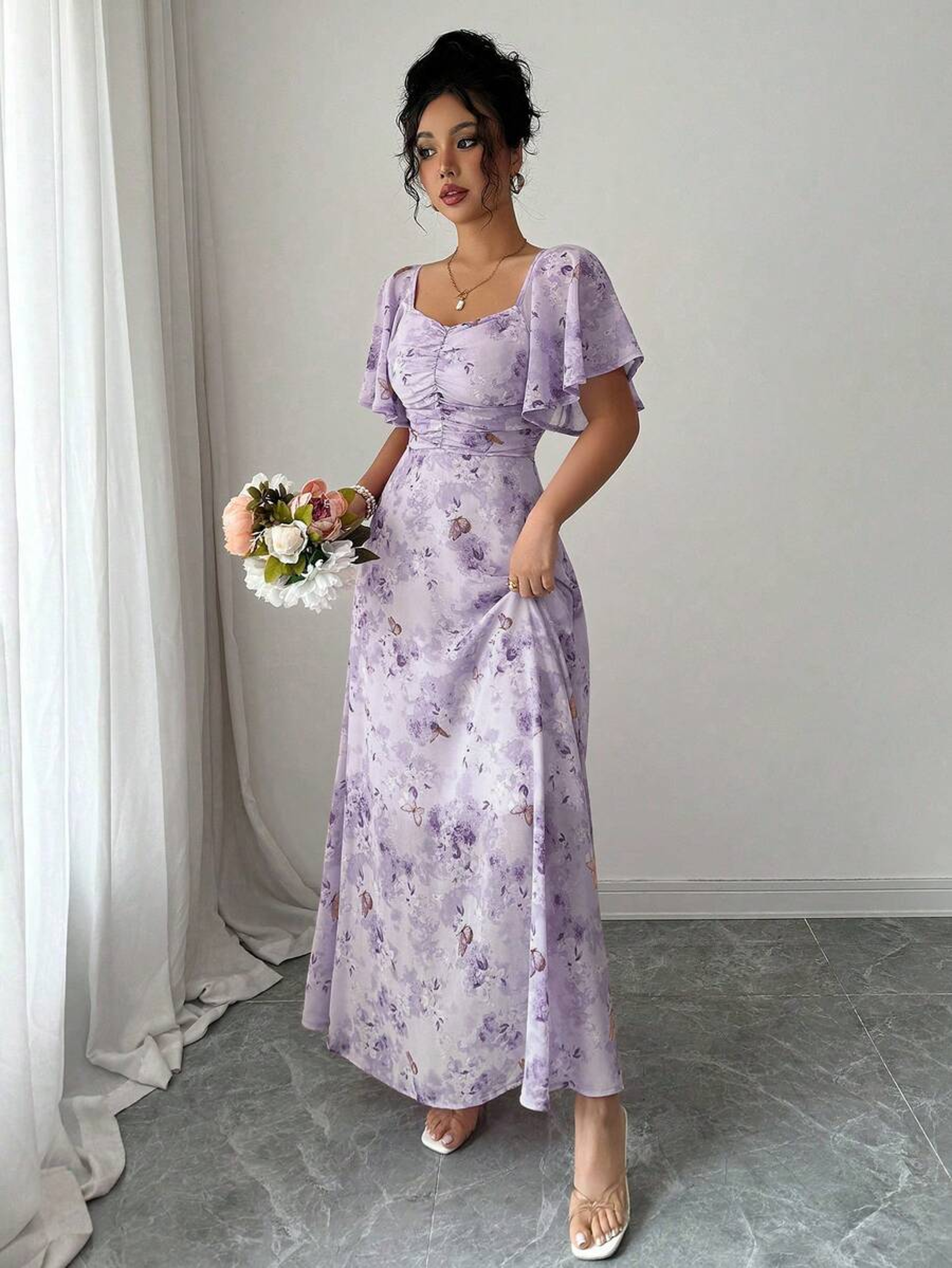 Women's French Style Butterfly Print A-Line Dress with Batwing Sleeves – view 4