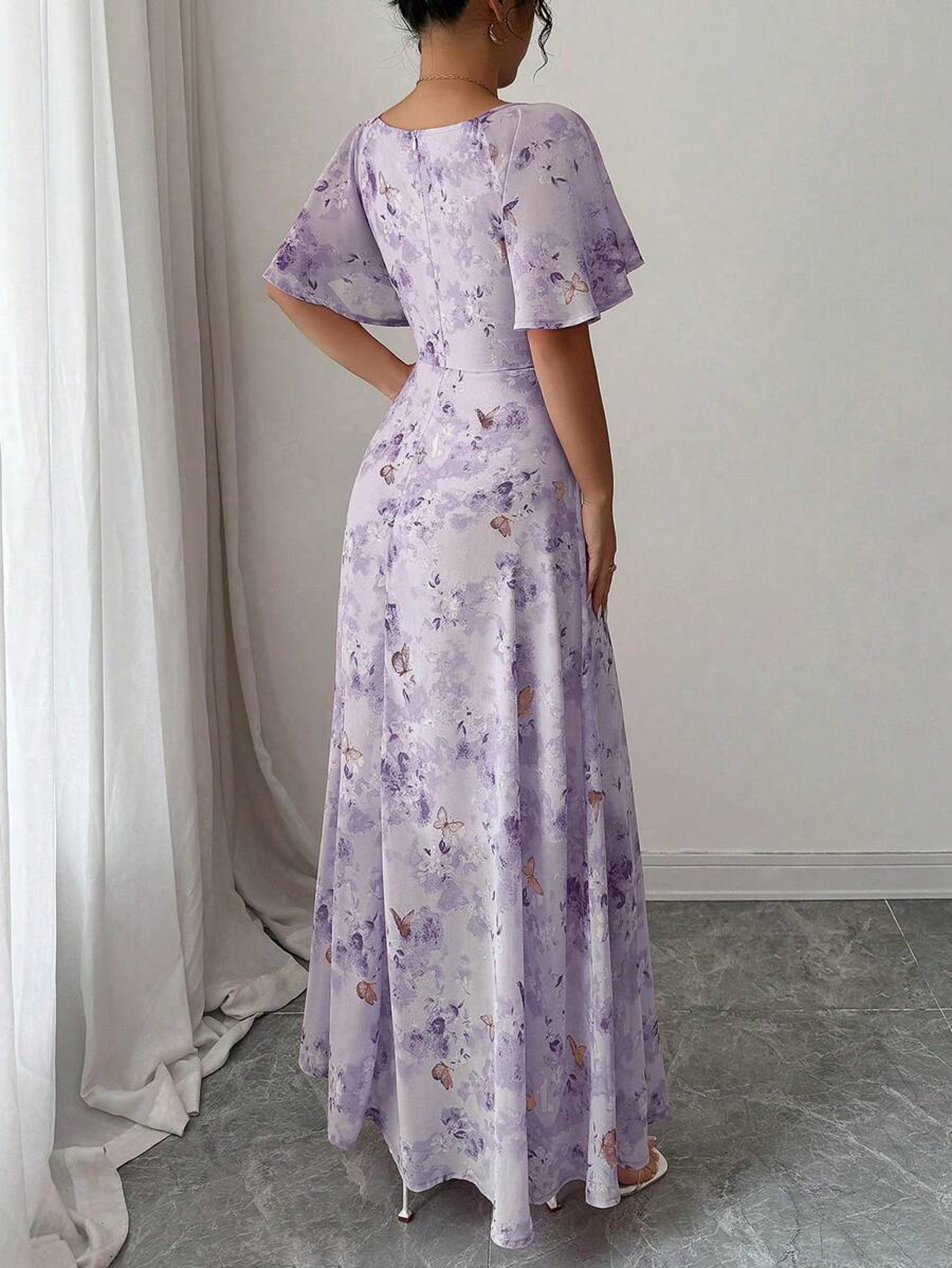 Women's French Style Butterfly Print A-Line Dress with Batwing Sleeves – view 2
