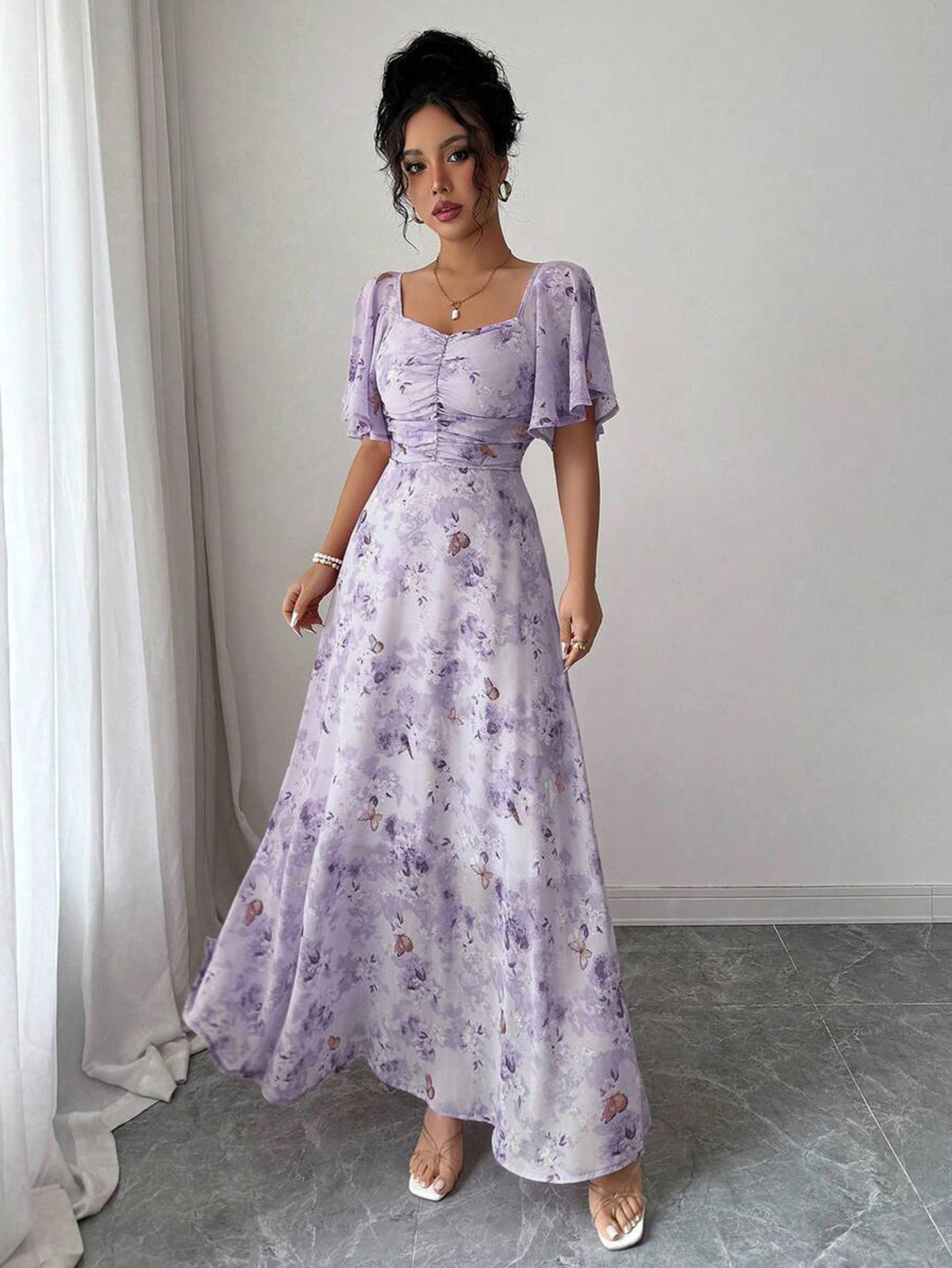 Women's French Style Butterfly Print A-Line Dress with Batwing Sleeves – view 3