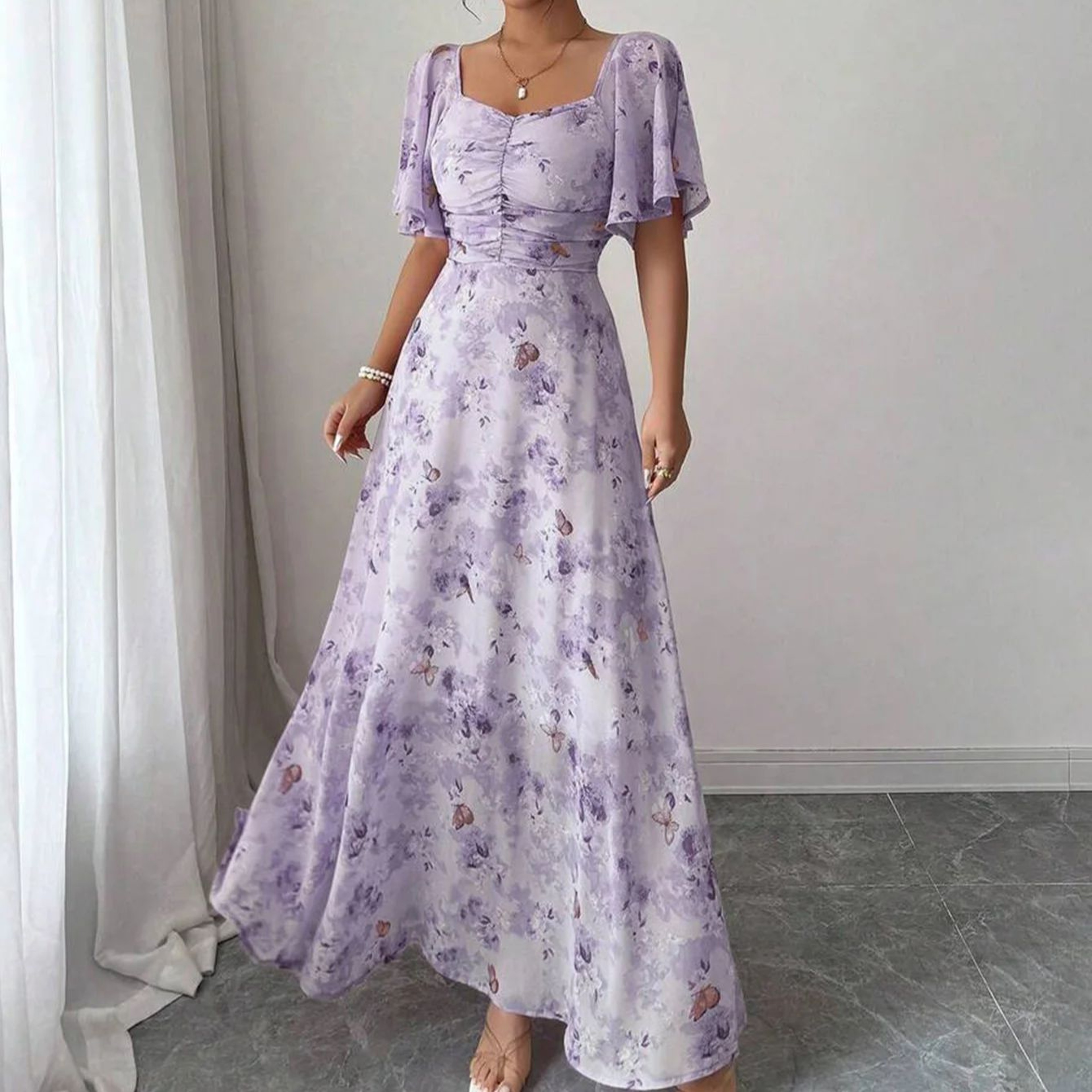 Women's French Style Butterfly Print A-Line Dress with Batwing Sleeves – view 6