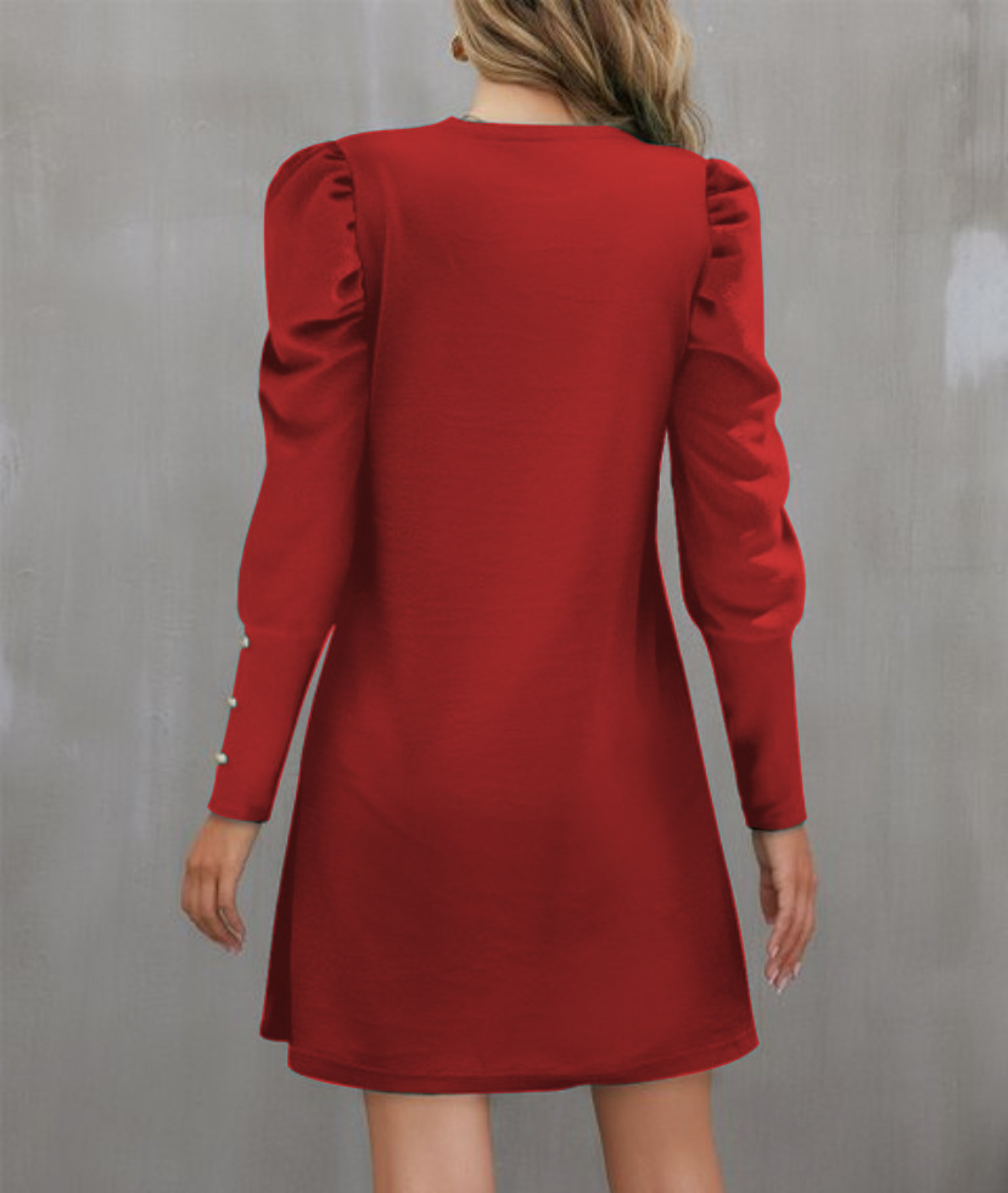 Womens ALine KneeLength Dress With Puff Sleeves And Decorative Buttons 4