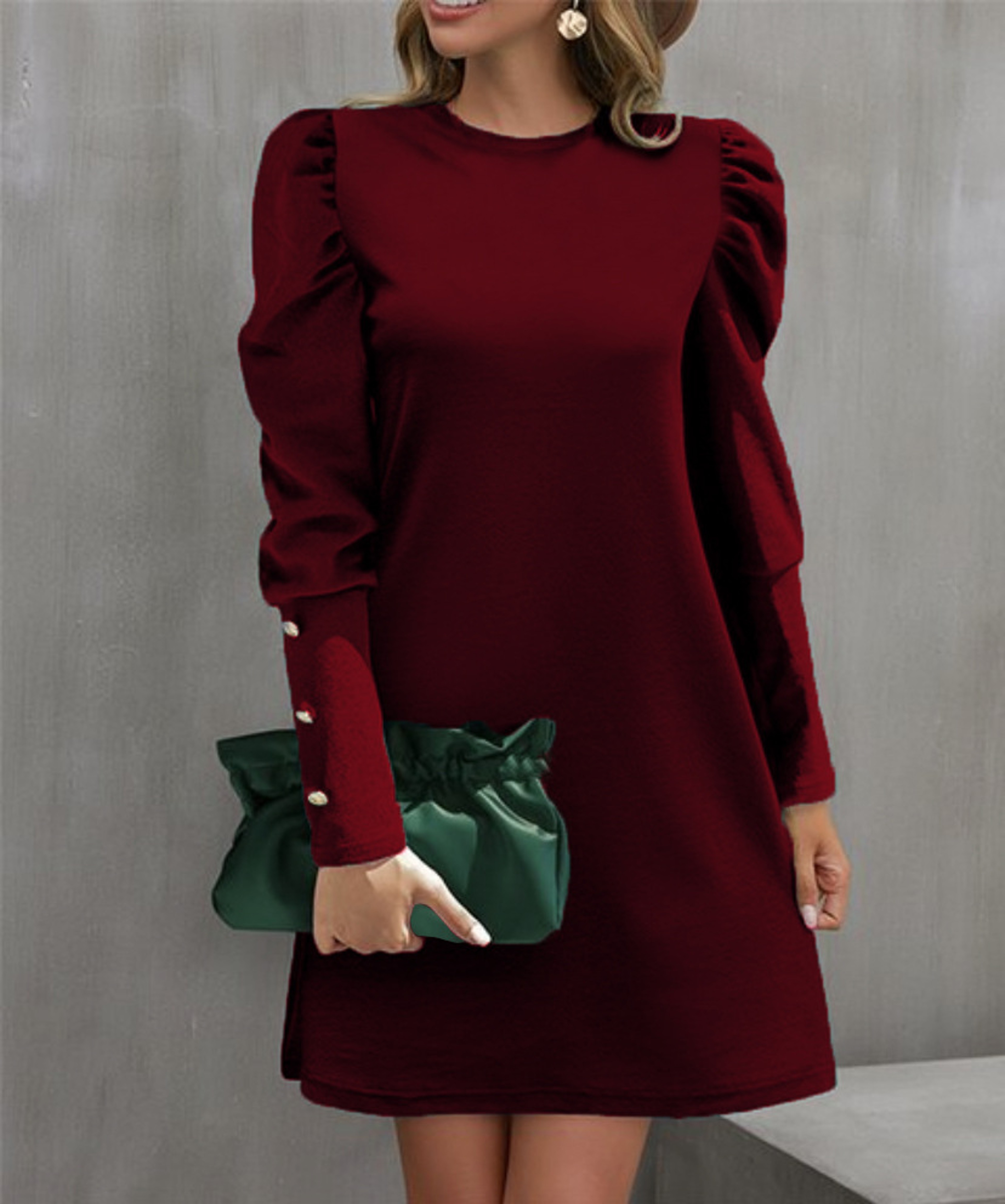 Womens ALine KneeLength Dress With Puff Sleeves And Decorative Buttons 10