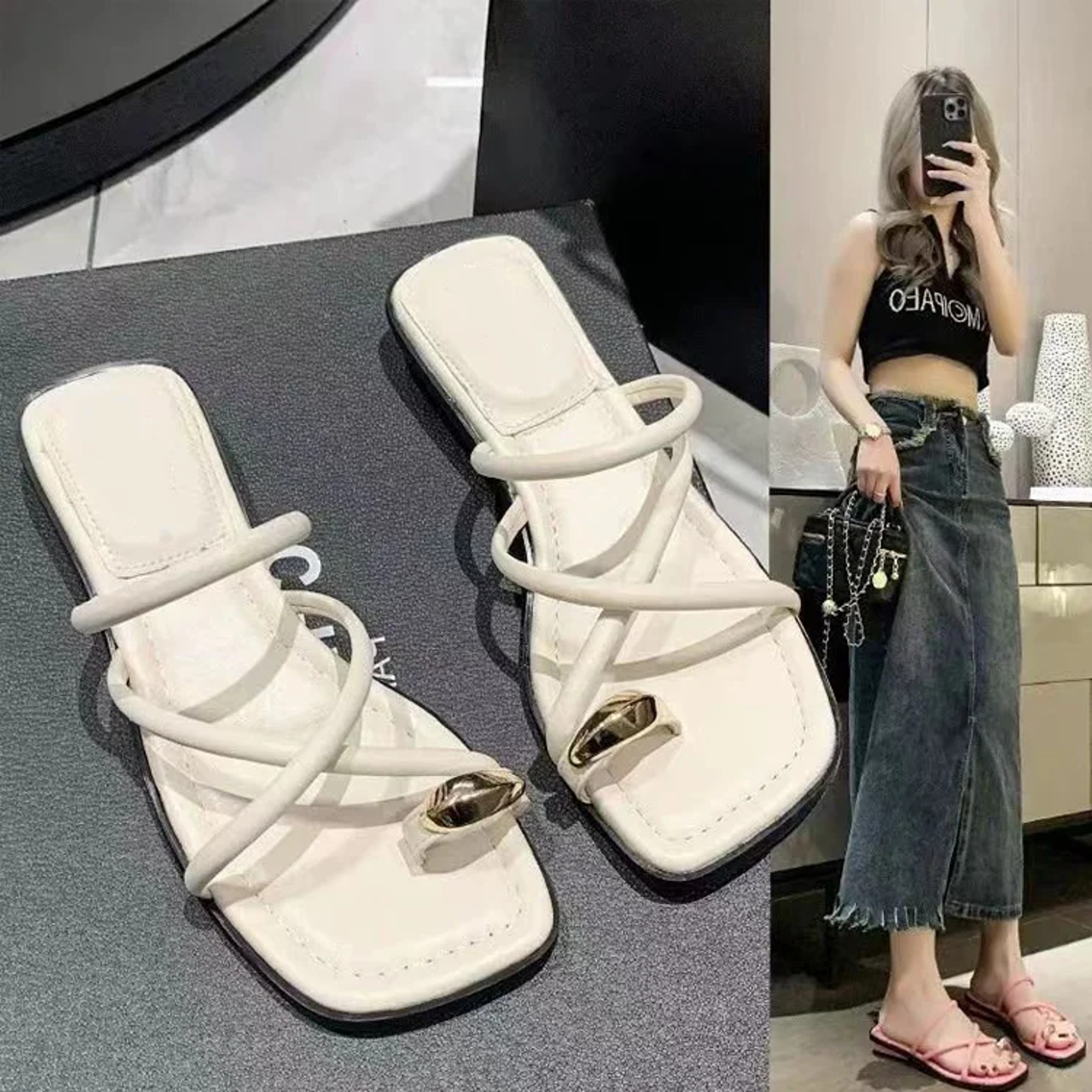 Women's Cross Strap Slide Sandals with Low Square Heels and Slip-On Design – view 6