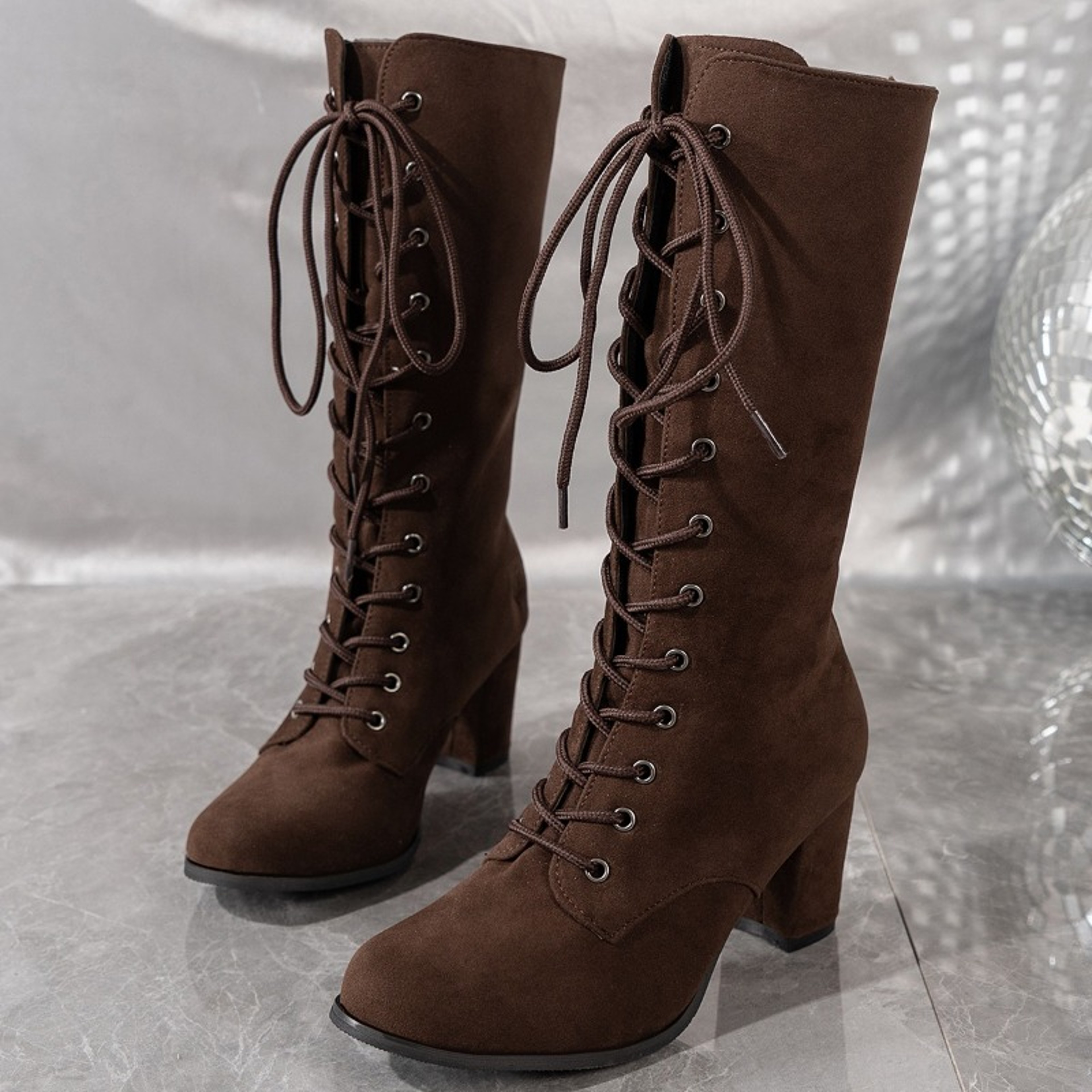 Womens MidCalf Suede Boots With LaceUp Closure And Square Heel 1