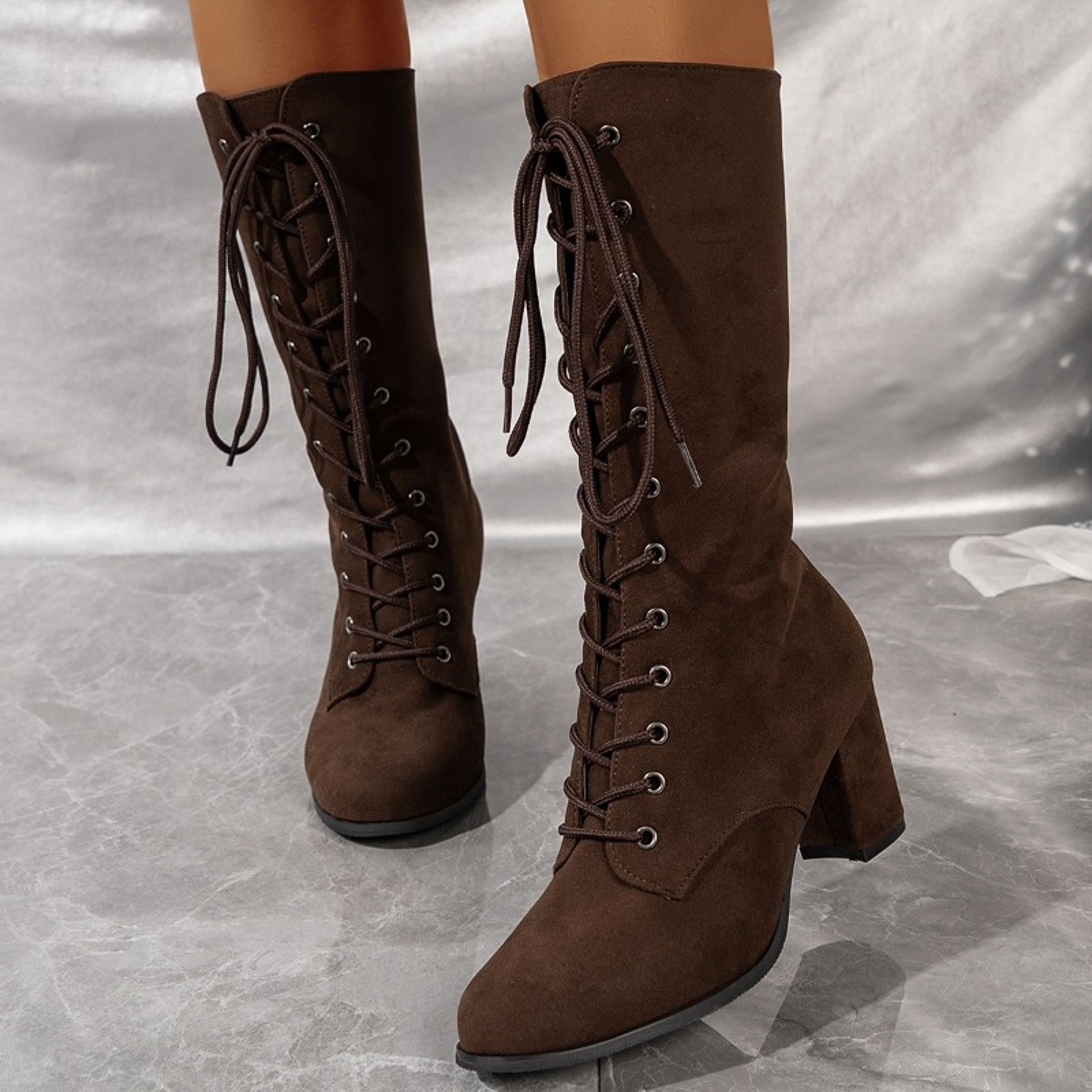 Womens MidCalf Suede Boots With LaceUp Closure And Square Heel 3