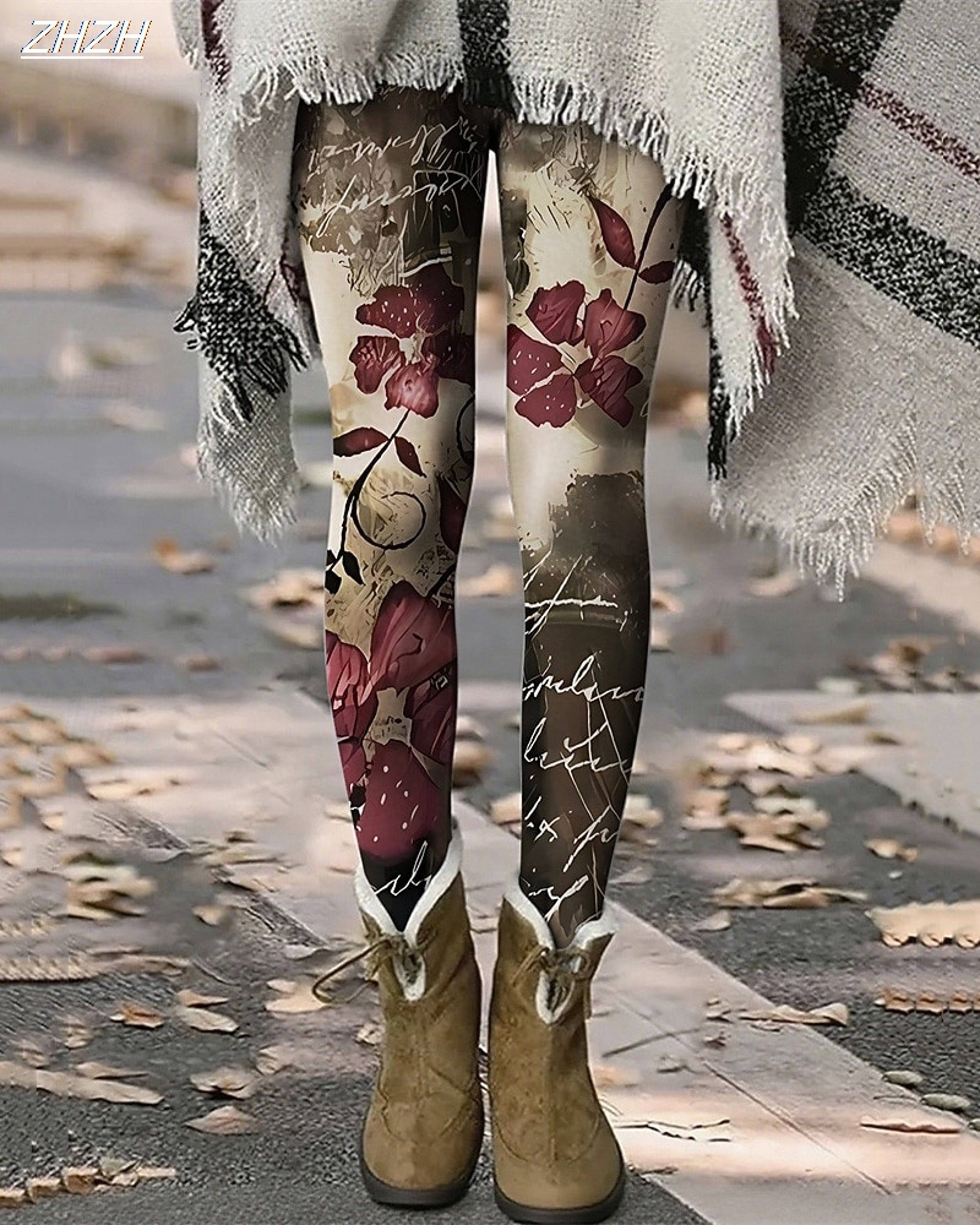 Womens Vintage Floral Print Fleece Leggings With Stretch Elastic Waist 3