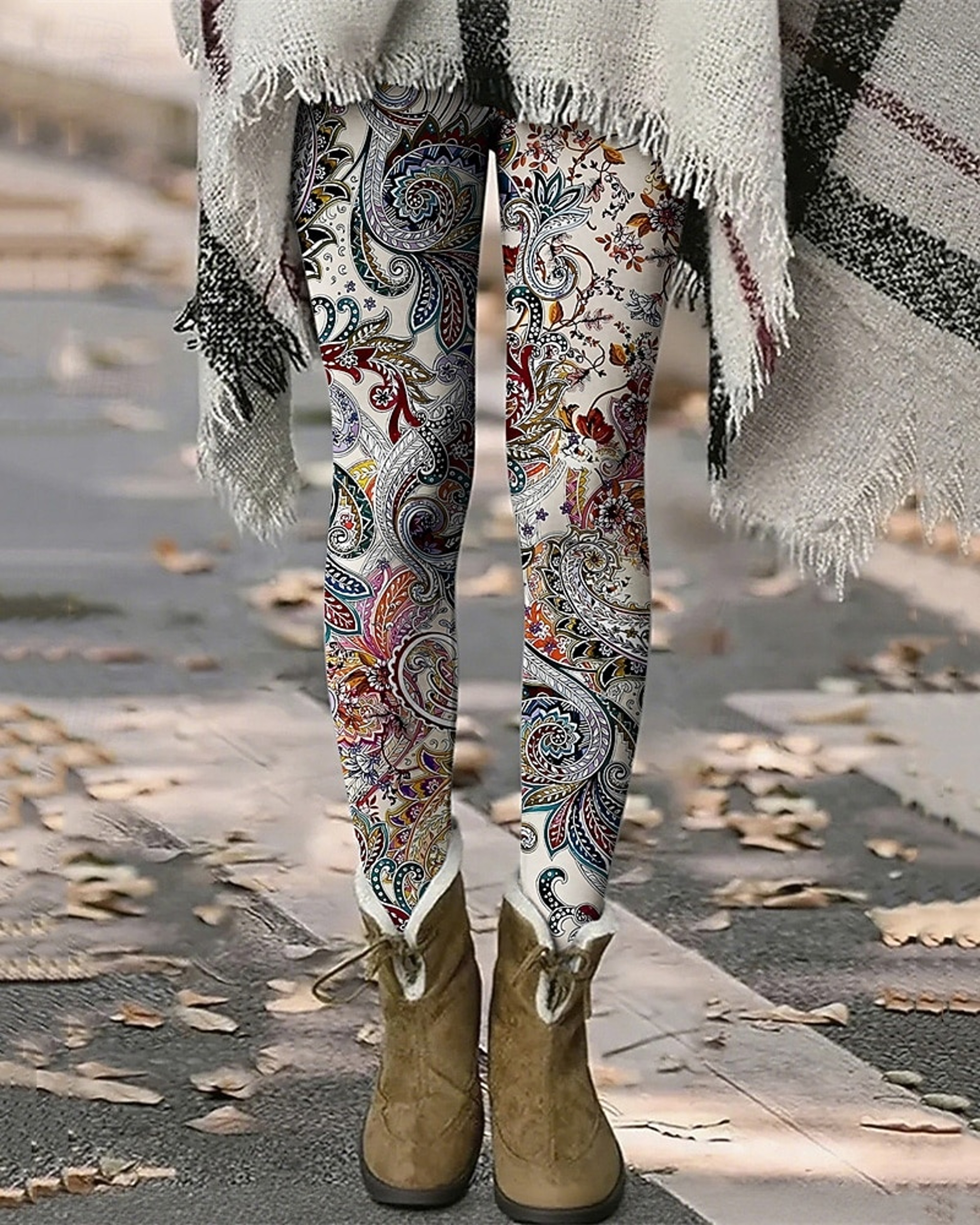 Womens Vintage Floral Print Fleece Leggings With Stretch Elastic Waist 6