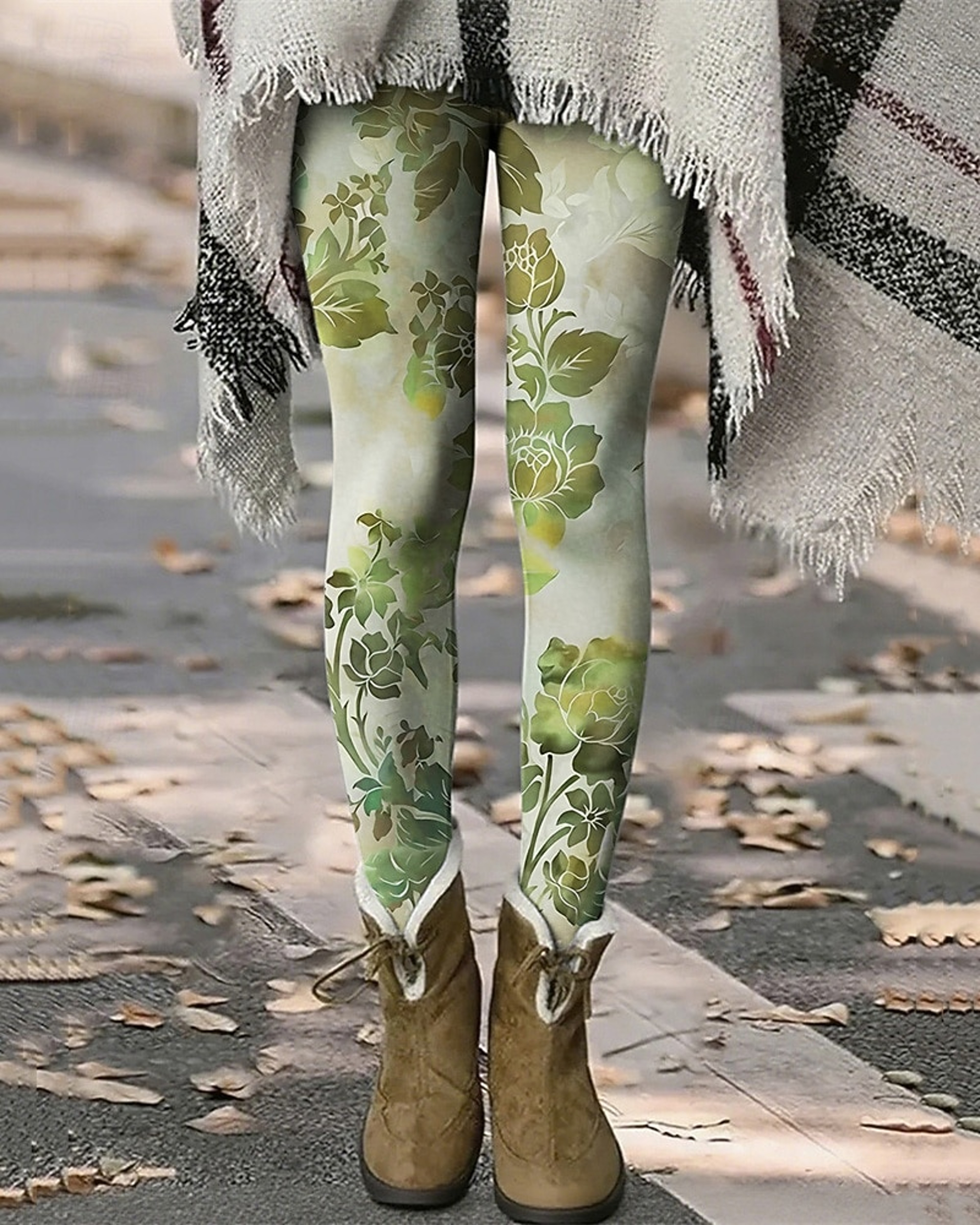 Womens Vintage Floral Print Fleece Leggings With Stretch Elastic Waist 5