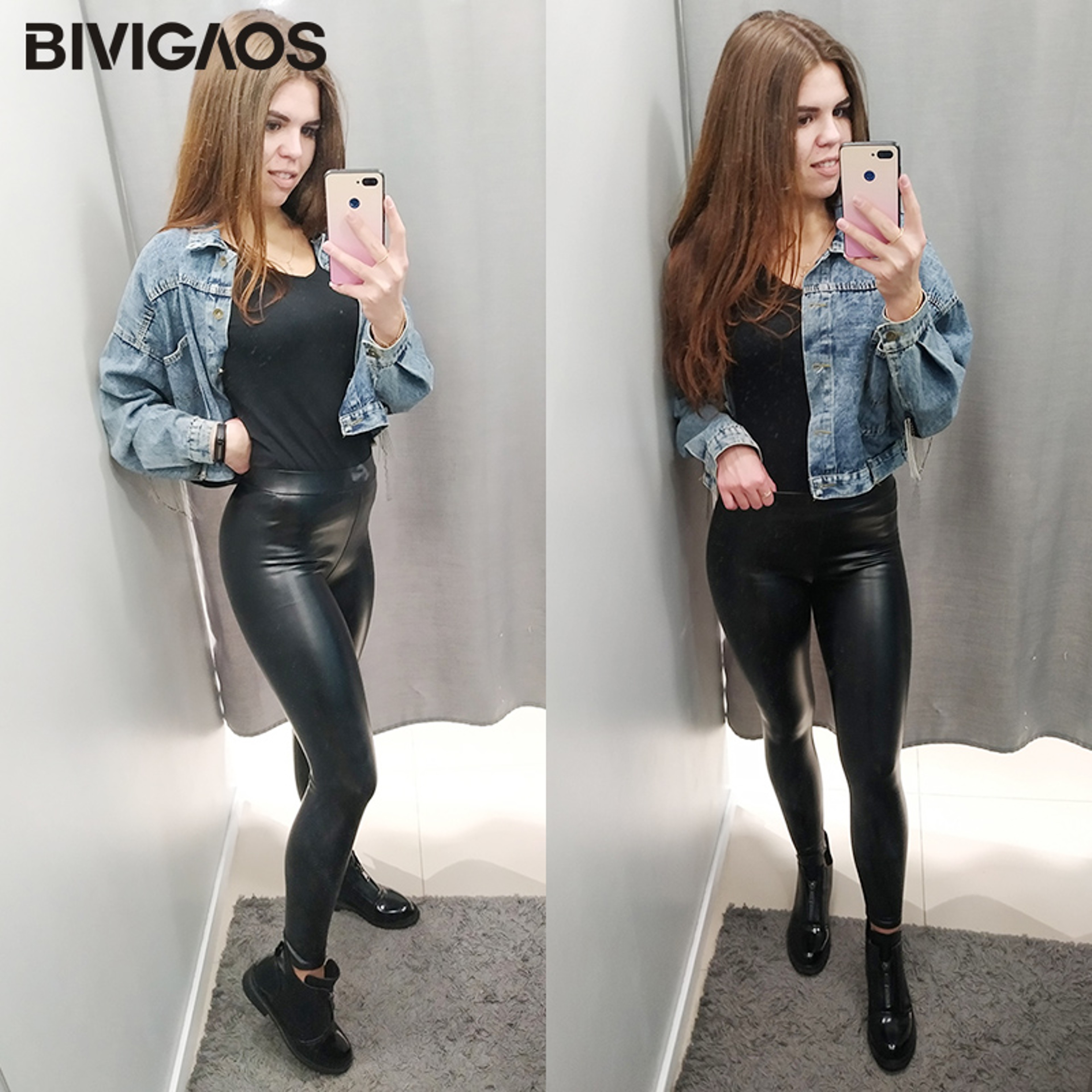 Womens HighWaisted Faux Leather Leggings With Warm Velour Fabric 5
