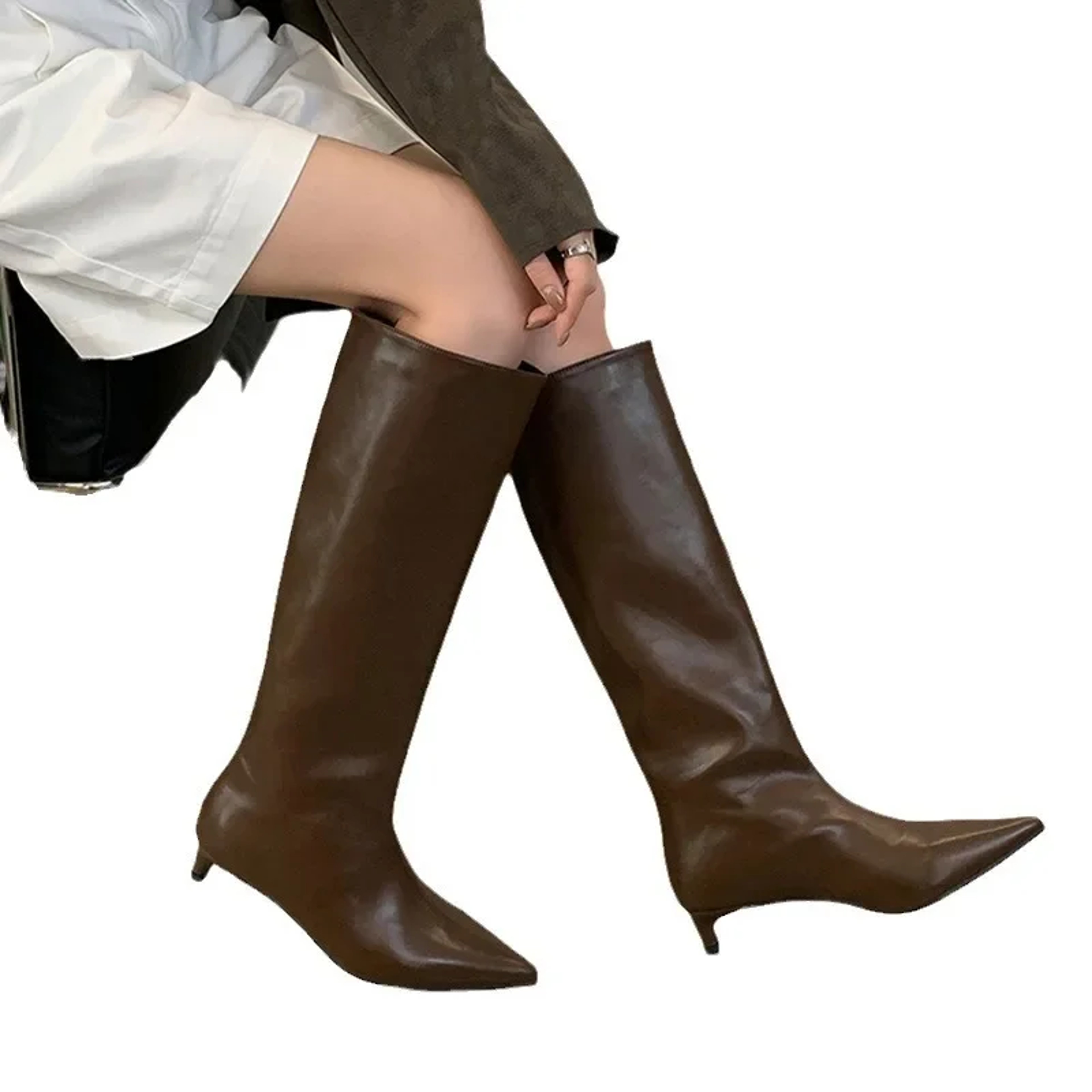 Womens Pointed Toe KneeHigh Boots With Low Thin Heels And SlipOn Design 2