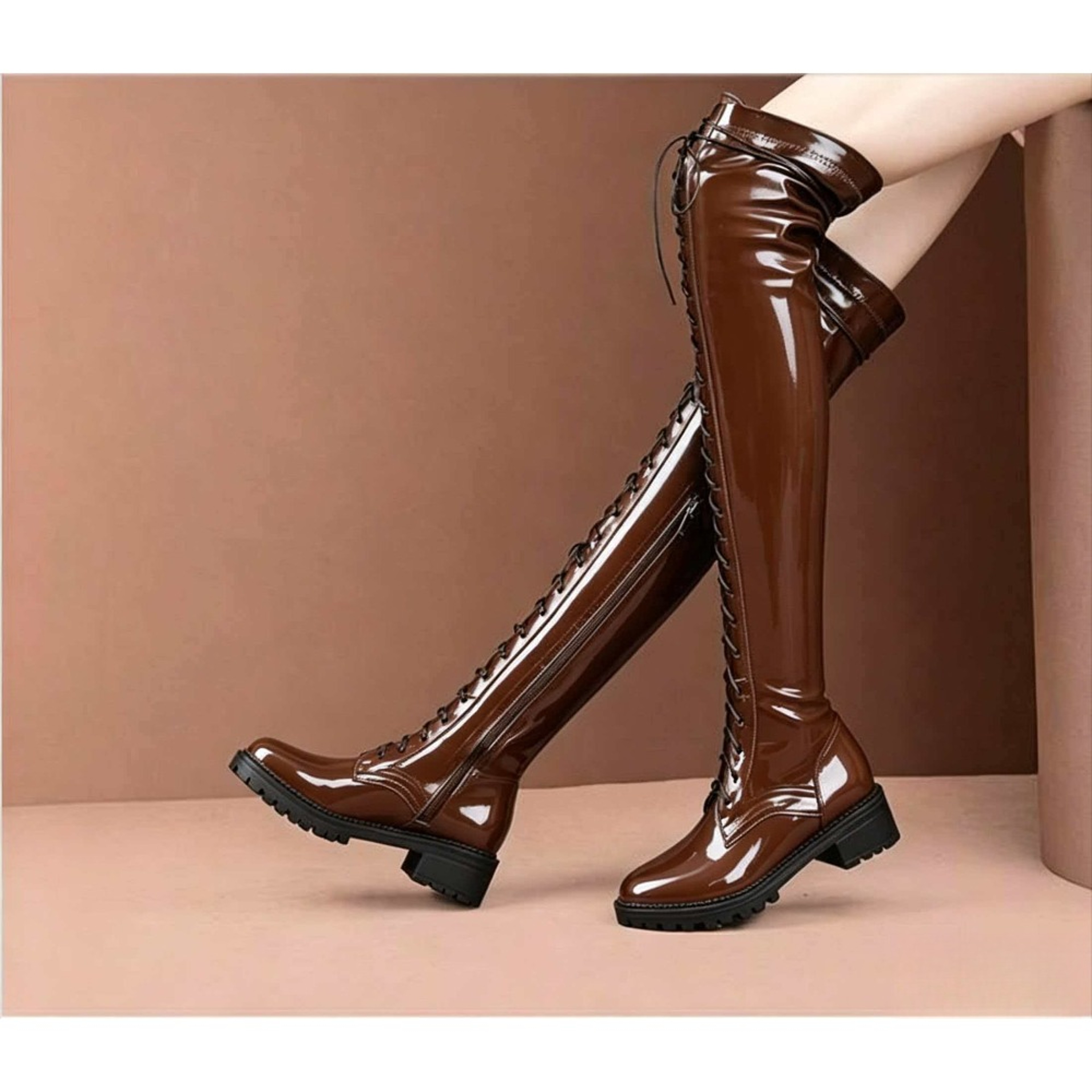 Womens OvertheKnee Platform Boots With LaceUp Detail And Block Heels 0
