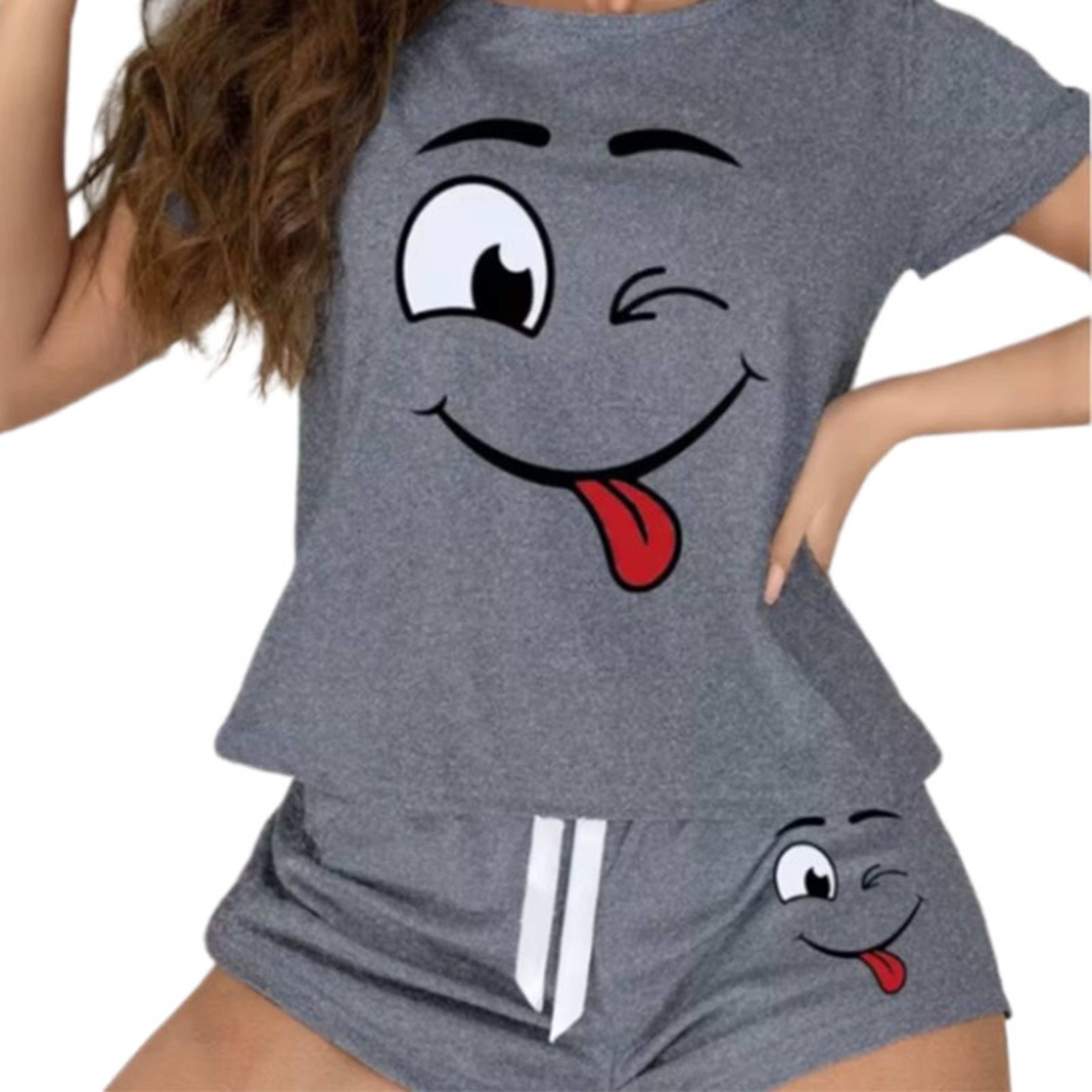 Women's Smile Face Print Pajama Set with Short Sleeve Top and Shorts – view 6