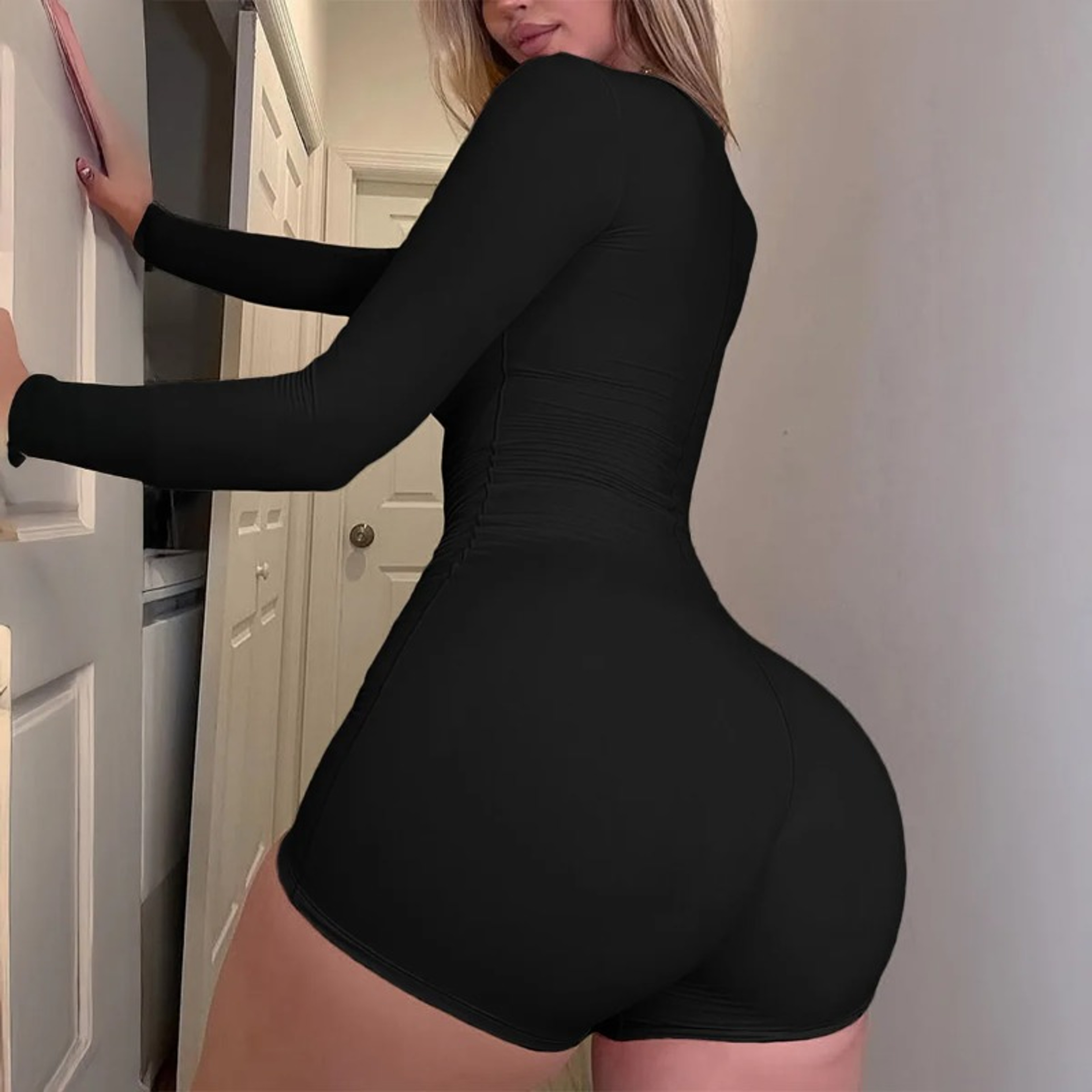 Womens Slim Fit Long Sleeve Romper With Lace Detail And Stretch Fabric 3