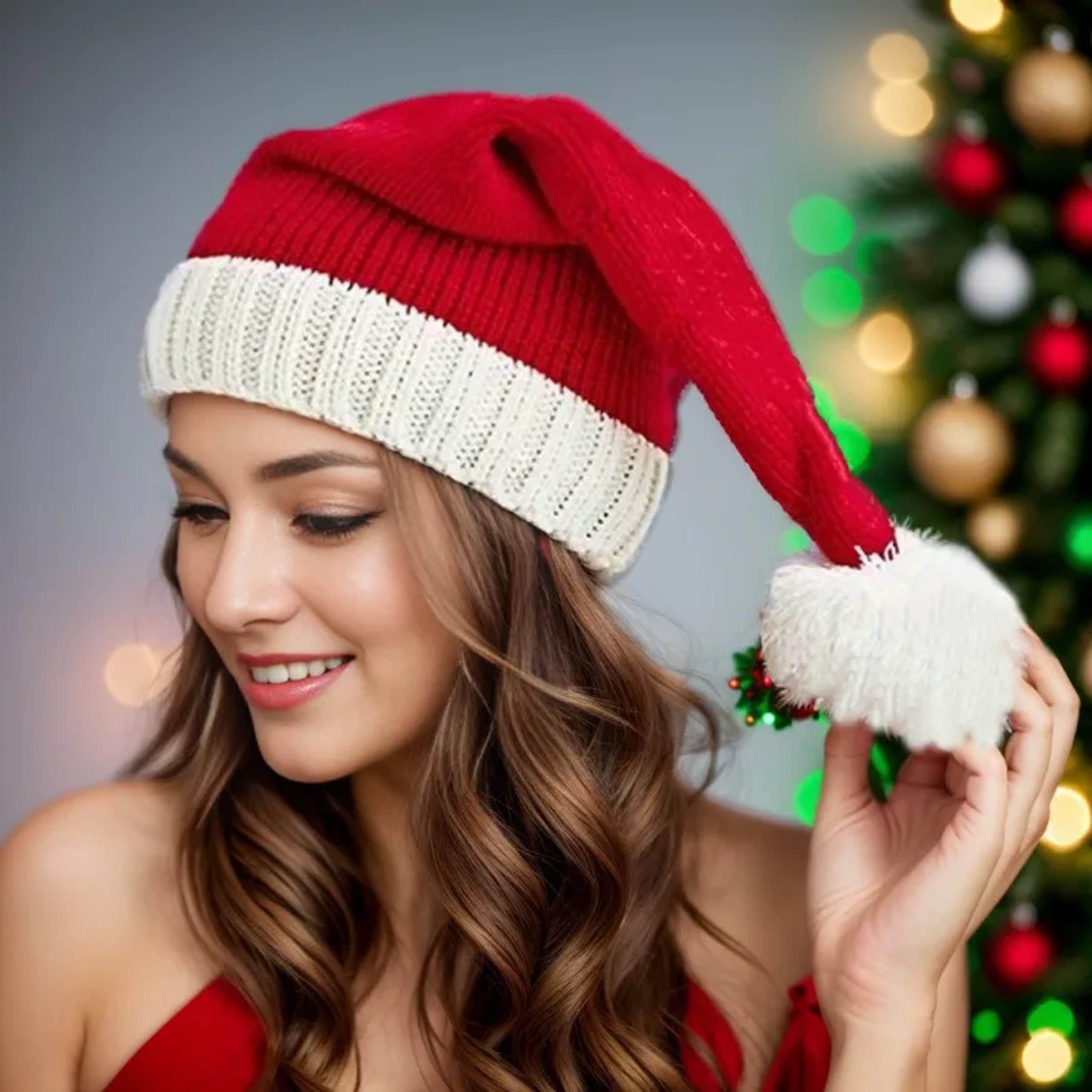 Classic Red Knitted Christmas Santa Hat for Adults and Holiday Celebrations – view 3
