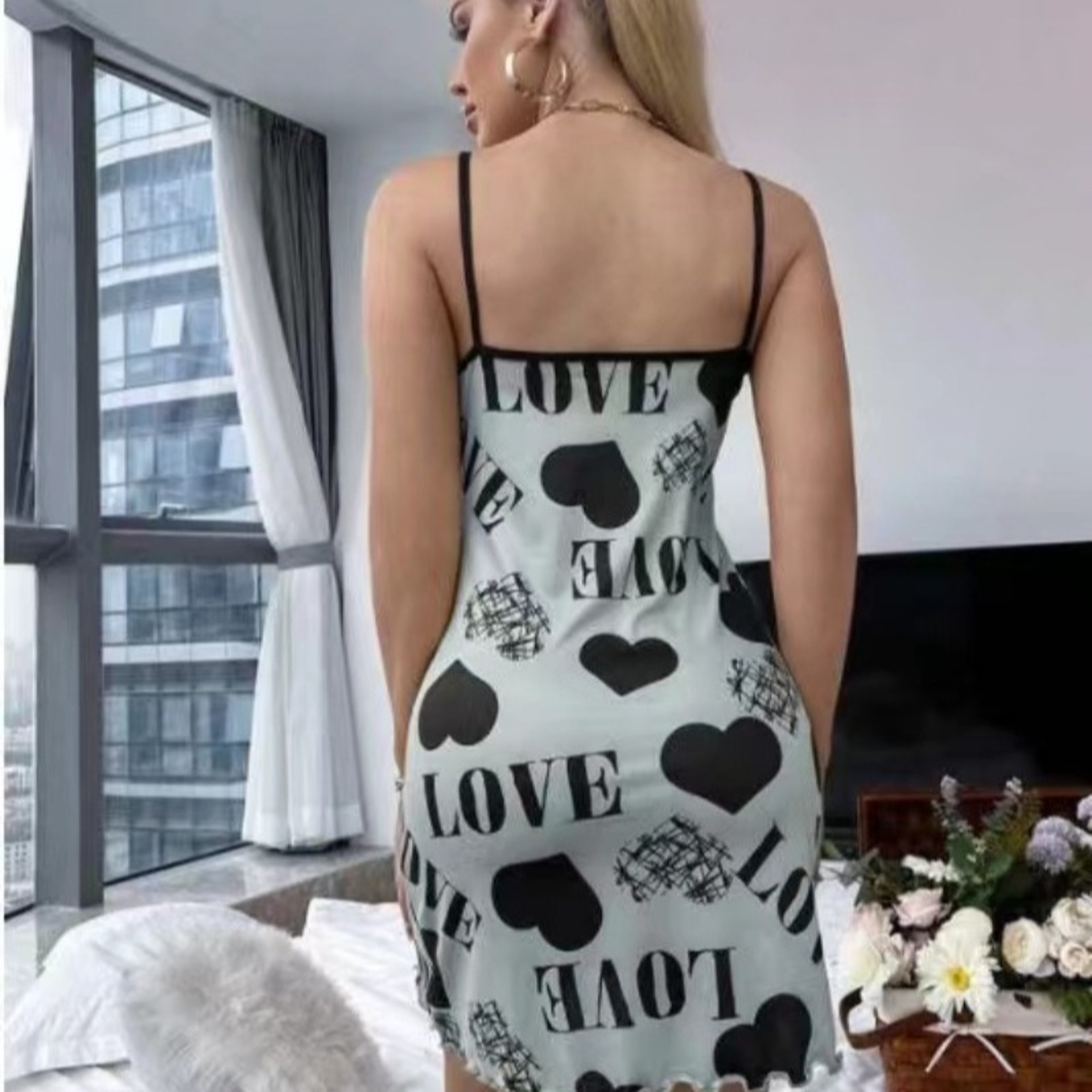 Womens Sleeveless VNeck Nightgown With Spaghetti Straps And Printed Design 3