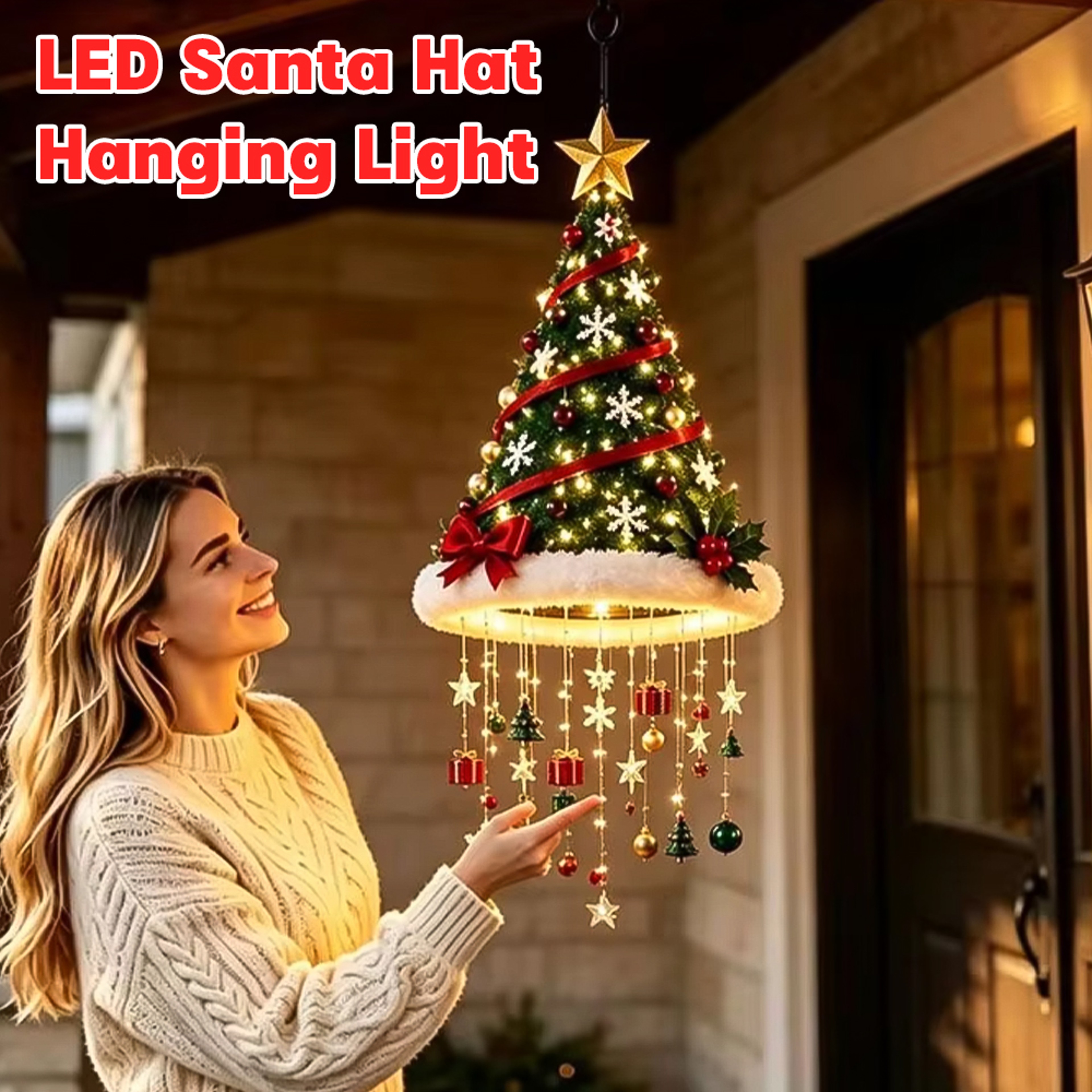 LED Christmas Santa Hat Hanging Ornament With Warm White Lights 1