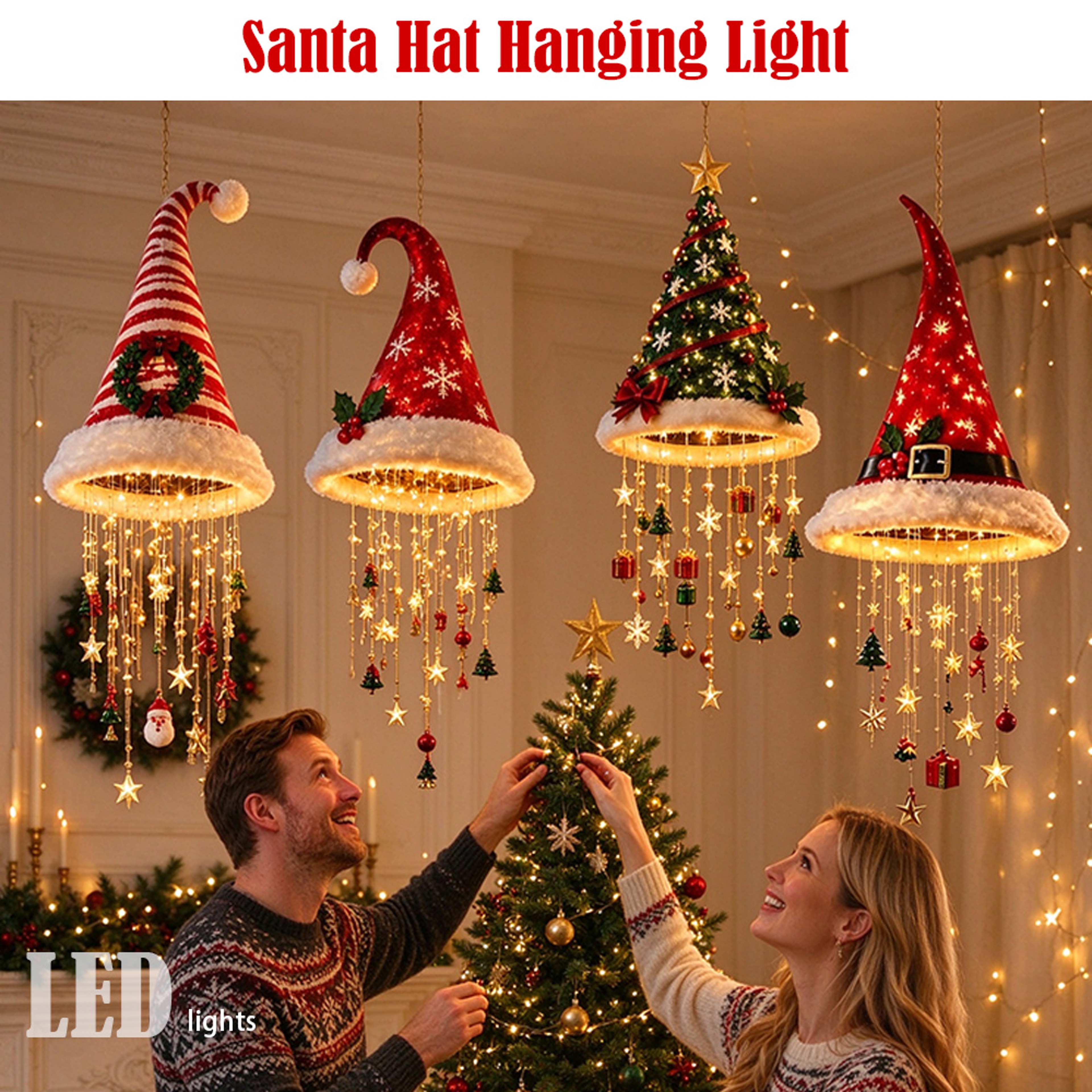 LED Christmas Santa Hat Hanging Ornament With Warm White Lights 2