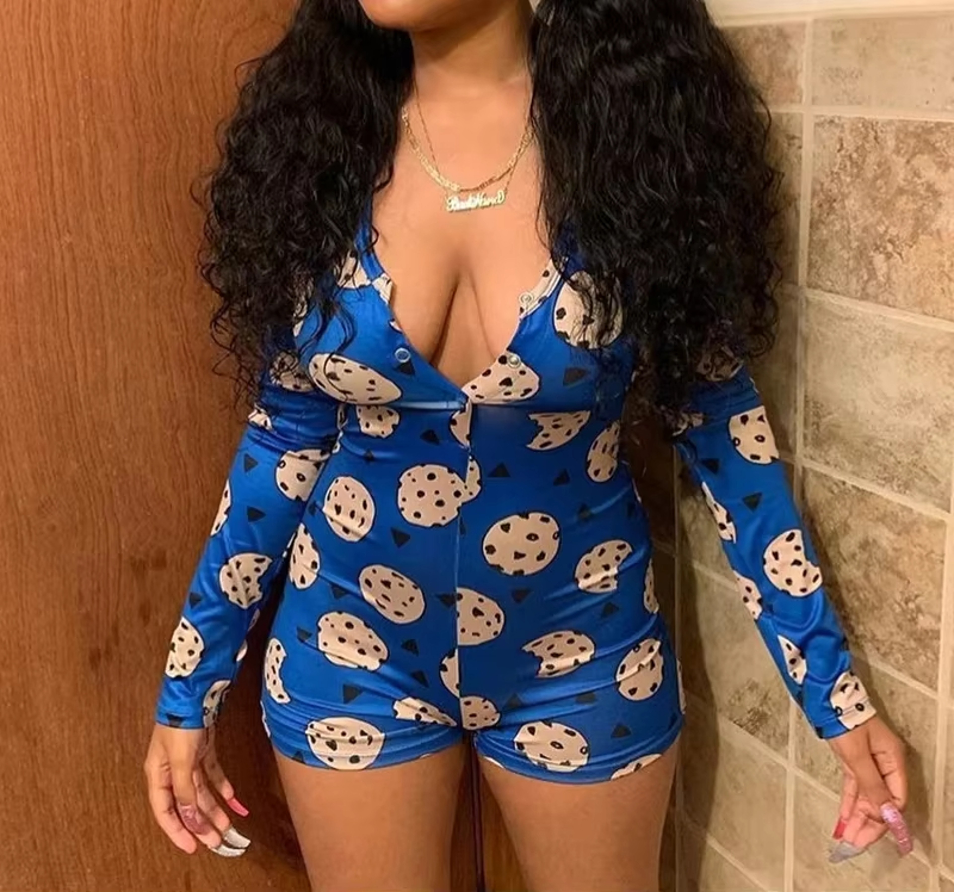 Womens Panda Print Long Sleeve Short Jumpsuit With VNeck And Button Details 0