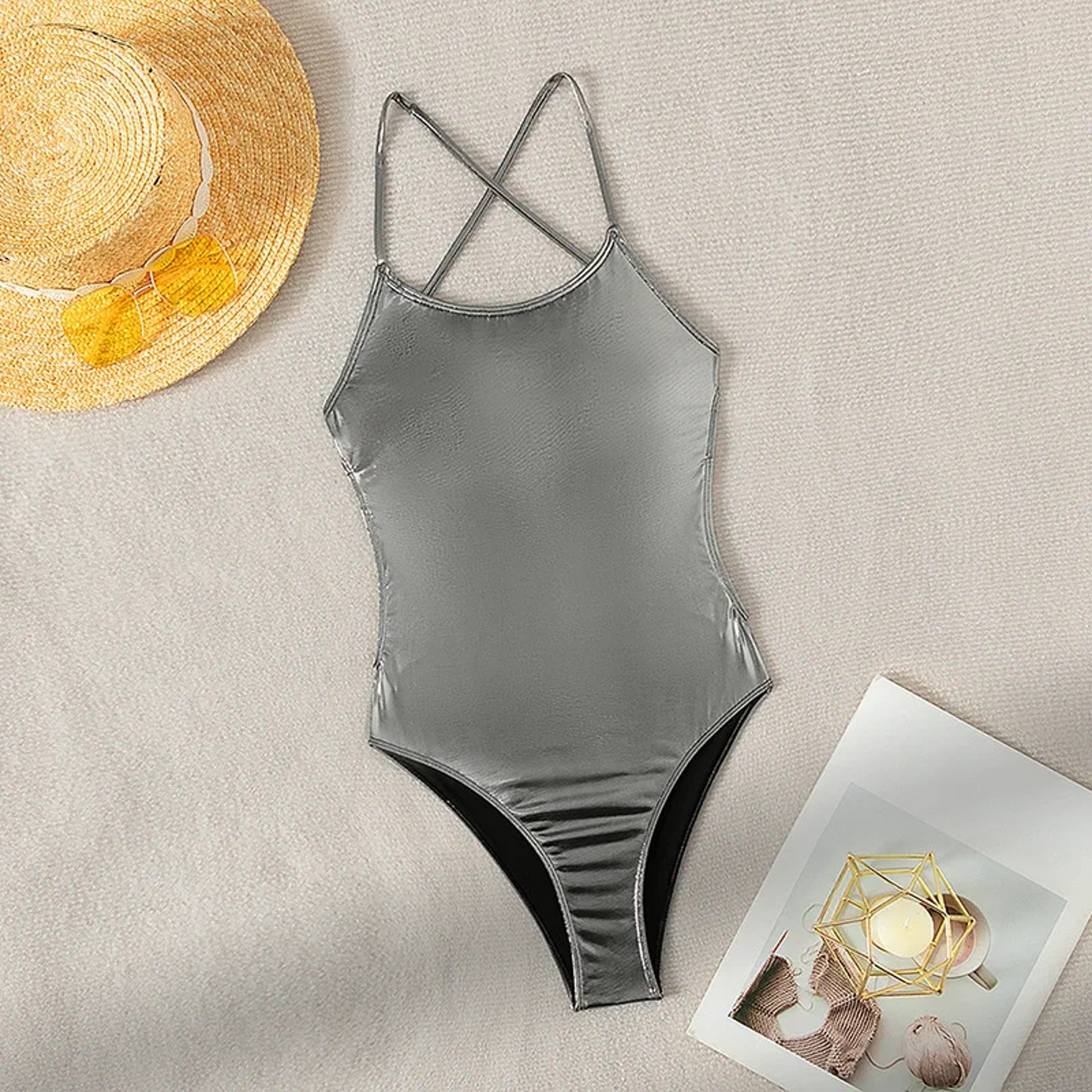 Womens Shiny Silver One Piece Swimsuit With LaceUp Cross Backless Design 4