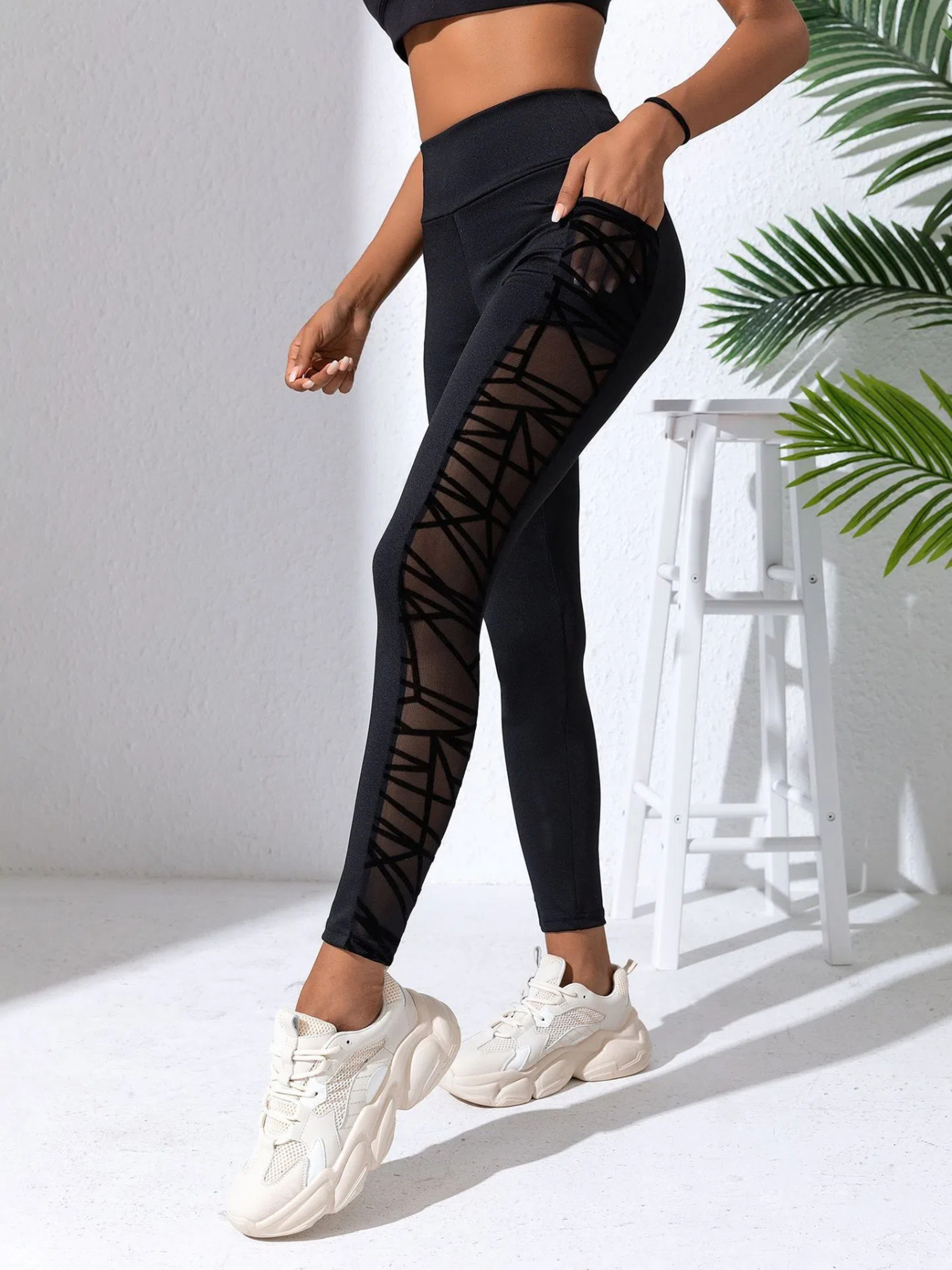 Womens High Waist Mesh Yoga Leggings With Patchwork Design 3