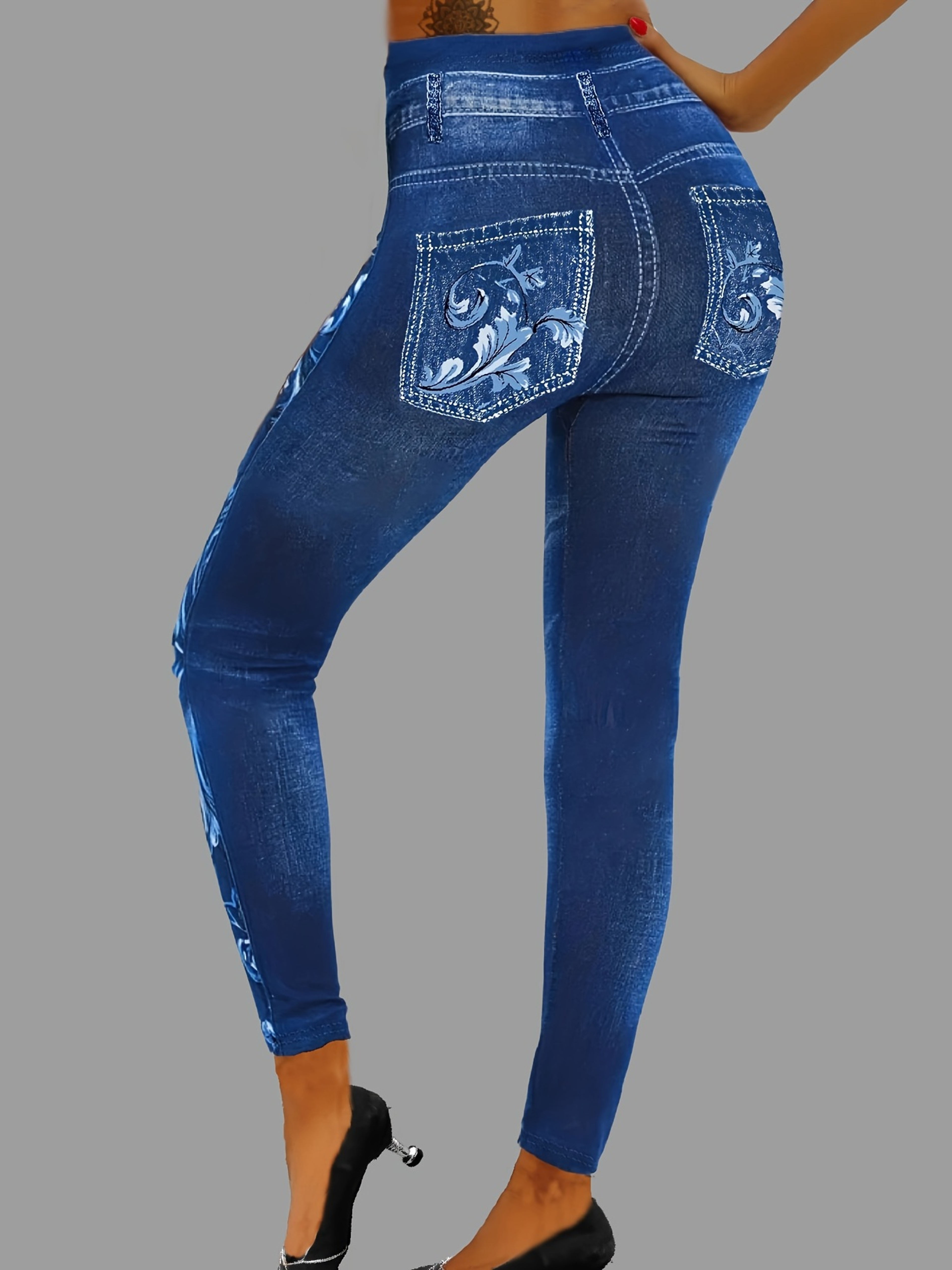 Women's Faux Denim Print Leggings with Mid-Rise Waist and Ankle-Length Fit – view 2