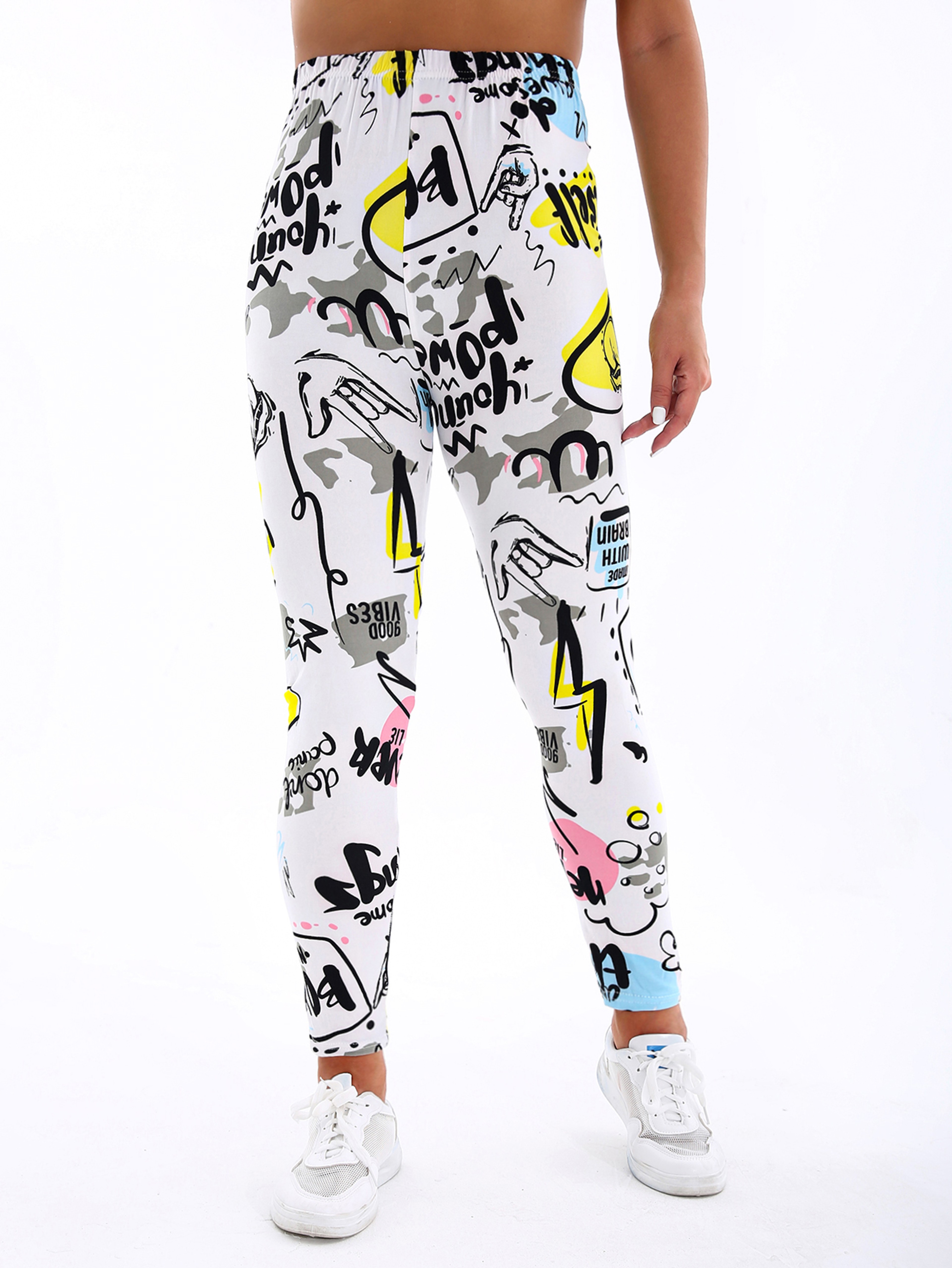 Womens White And Yellow Letter Print Stretch Leggings For Yoga And Casual Wear 0