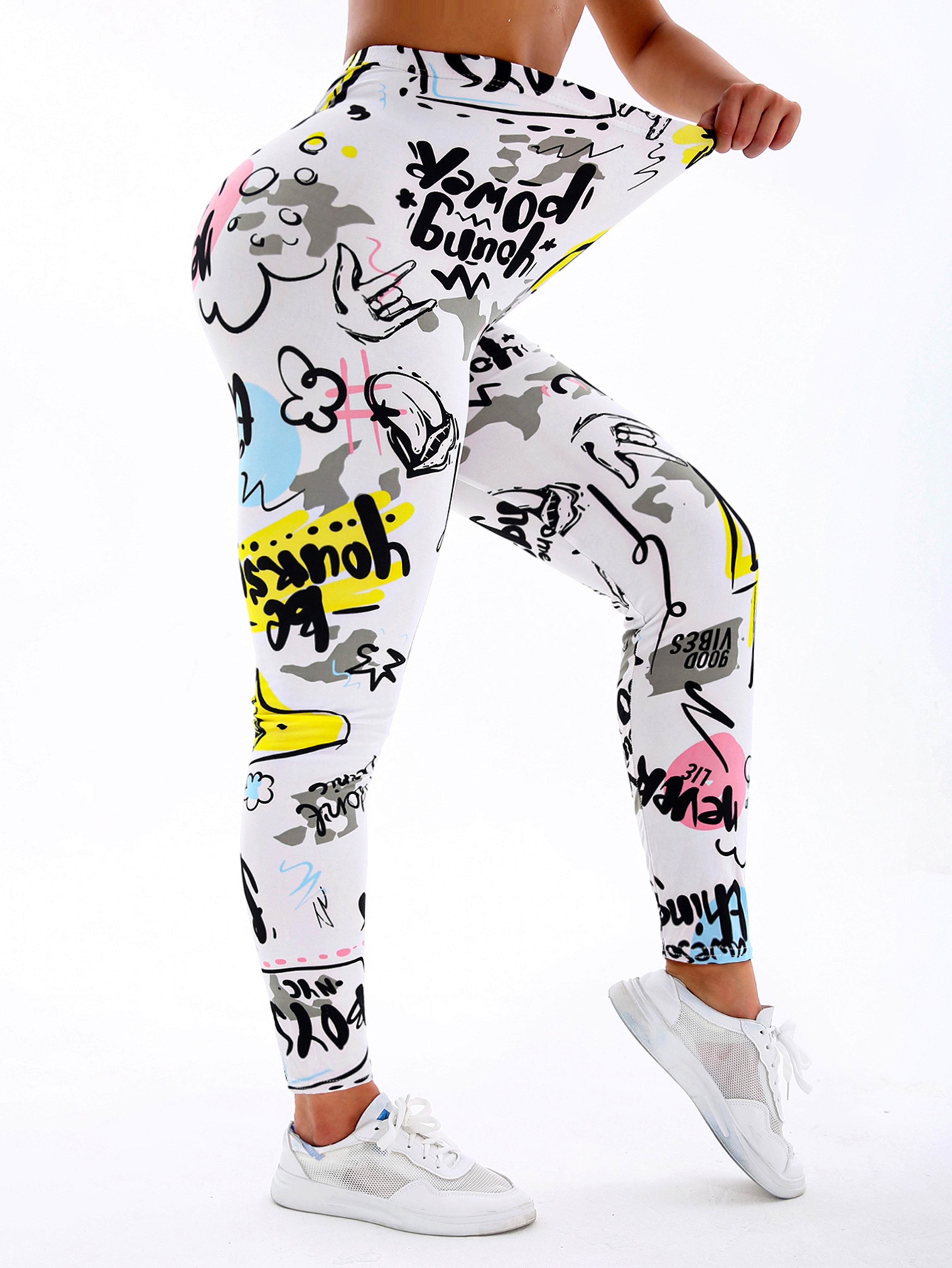 Womens White And Yellow Letter Print Stretch Leggings For Yoga And Casual Wear 2