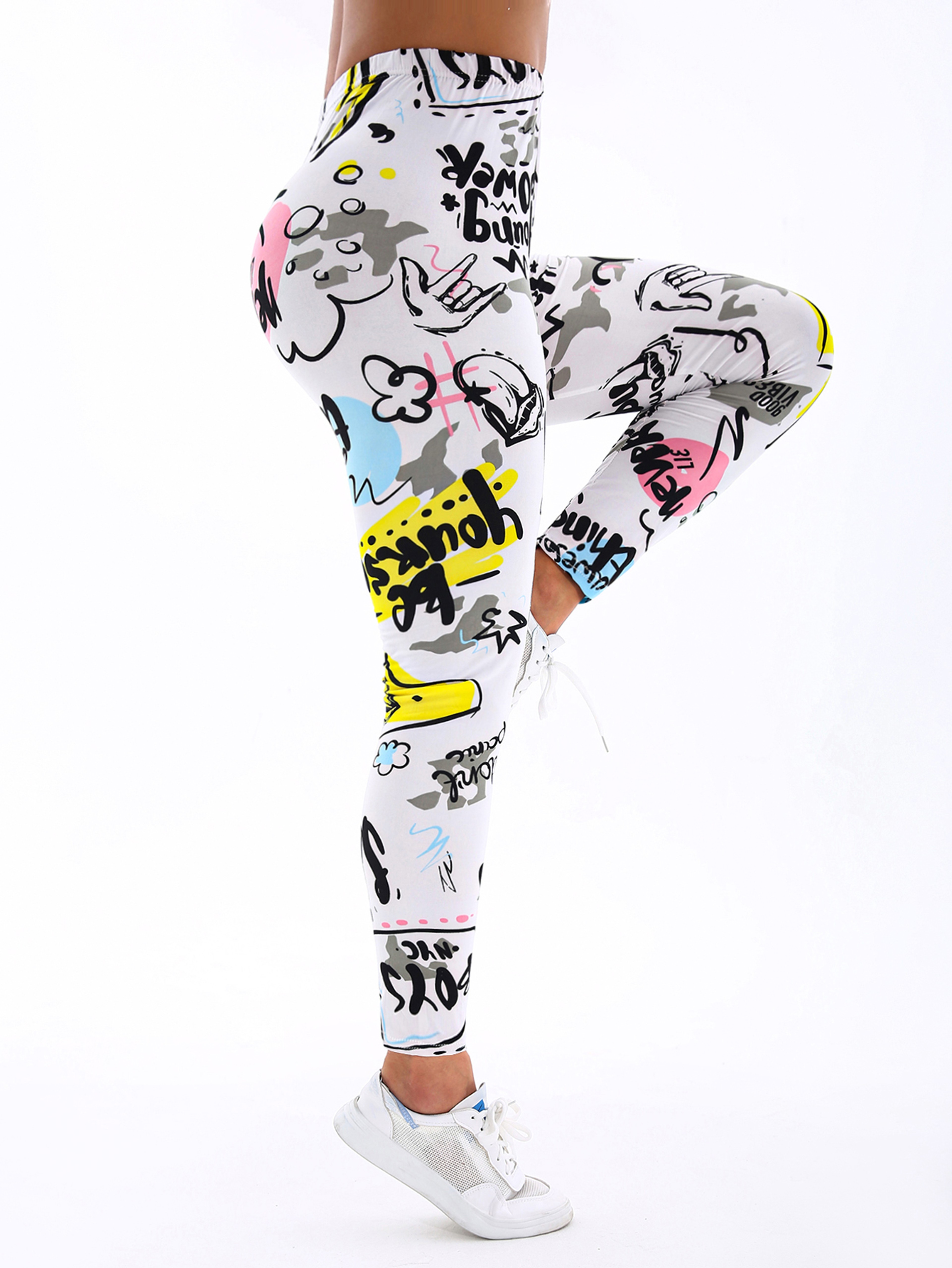 Womens White And Yellow Letter Print Stretch Leggings For Yoga And Casual Wear 4