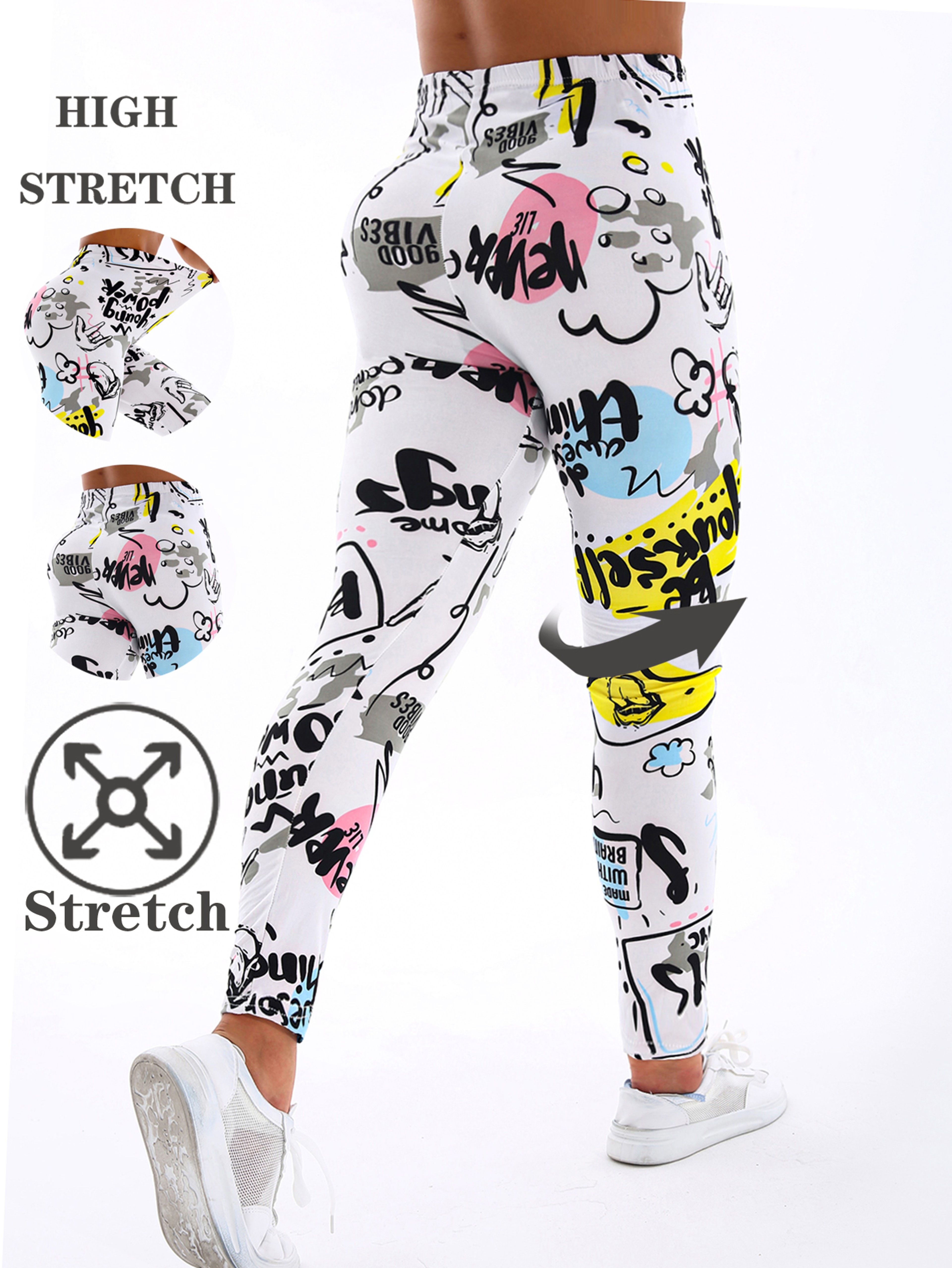 Womens White And Yellow Letter Print Stretch Leggings For Yoga And Casual Wear 6